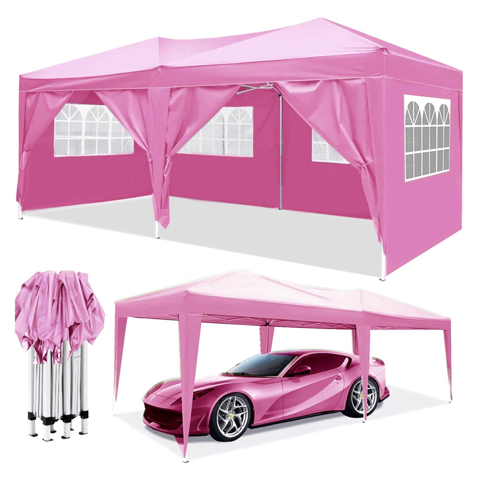 10'x20' EZ Pop Up Canopy Tent - Portable Outdoor Party Shelter with 6 Removable Sidewalls, Carry Bag & 4 Weight Bags (Pink) - Perfect for Backyard BBQs, Beach Parties, Camping & Outdoor Events