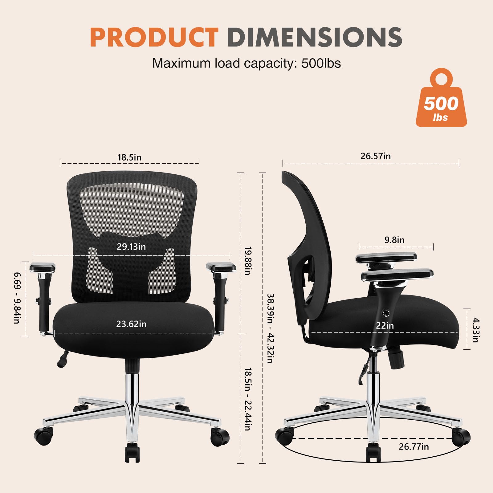 Heavy Duty Big and Tall Office Chair 500lbs Capacity - Ergonomic Adjustable Lumbar Support, 3D Armrests & Smooth Rolling Wheels - Home & Executive Office Chair for Adults - Perfect for Long Work Hours & Gaming Sessions