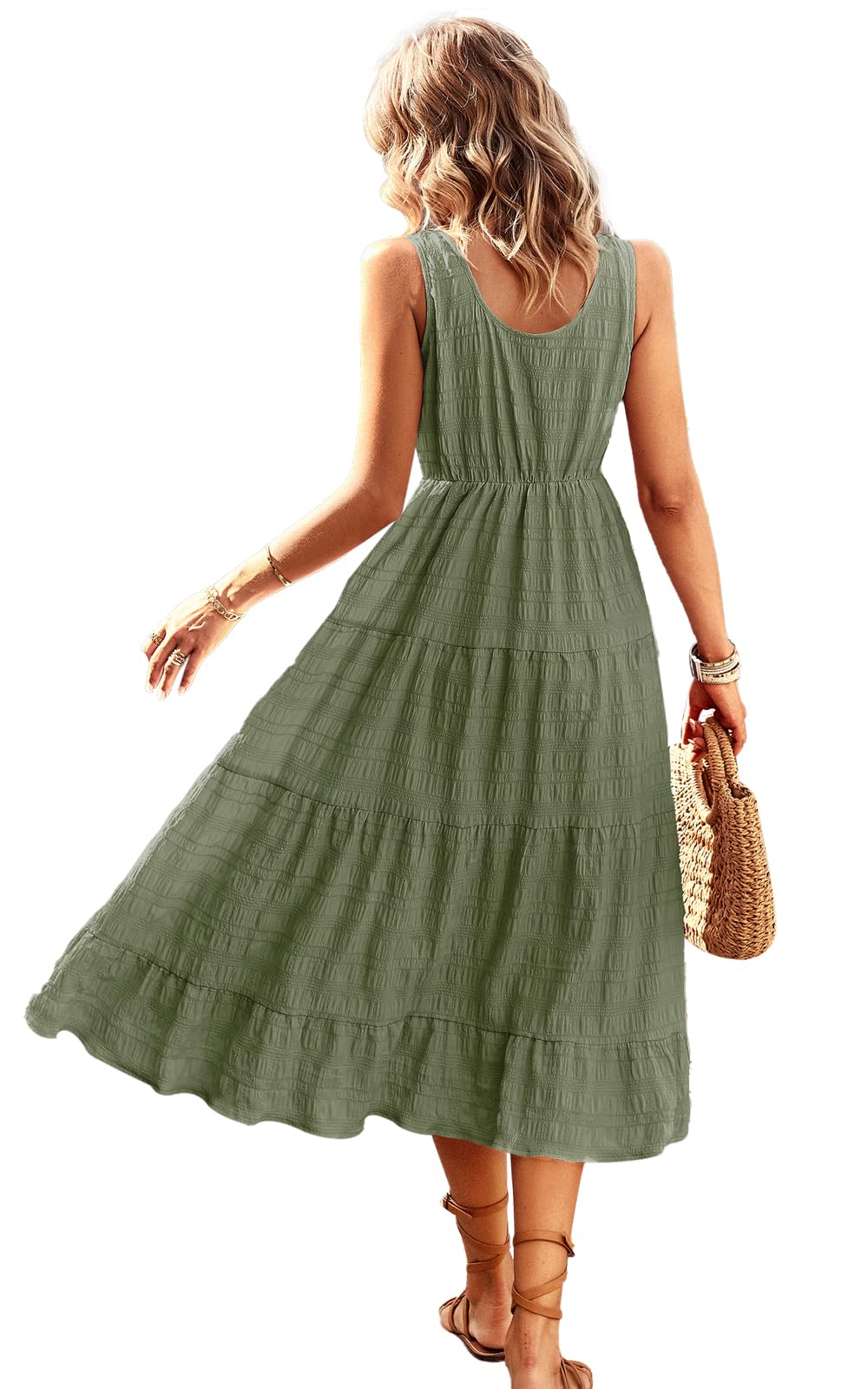 Women's Casual Summer Dress - Loose Sleeveless Tank Sundress with Smocked Tiered Flowy Midi Design & Pockets | Perfect for Beach, Vacation, and Everyday Wear