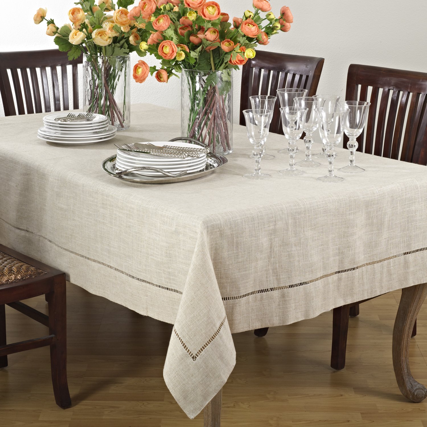 Fennco Styles Toscana Contemporary Hemstitched Linen Blend Tablecloth 65 x 140 Inch - Elegant Dining Table Cover for Dinner Parties, Wedding Decor & Home Decor - Natural Beige Linen Table Cloth for Formal Dining, Buffet Tables & Special Occasions