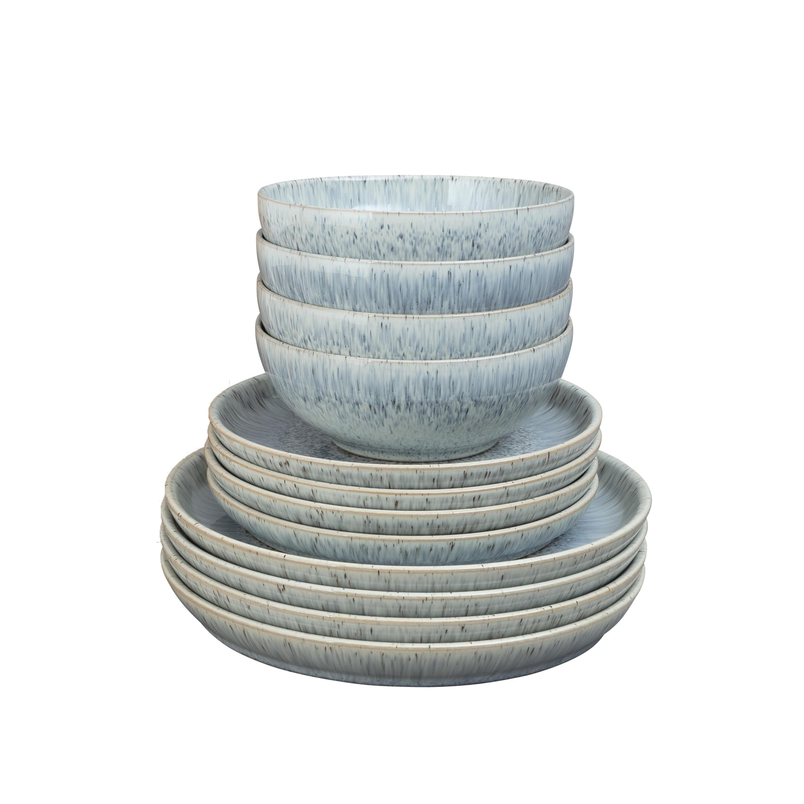 Denby Halo Speckle 12-Piece Ceramic Dinner Set for 4 - Stoneware Tableware (4 Dinner Plates, 4 Medium Plates, 4 Cereal Bowls) - Dishwasher & Microwave Safe - Reactive Glaze Grey - Perfect for Family Dinners, Entertaining Guests & Everyday Use