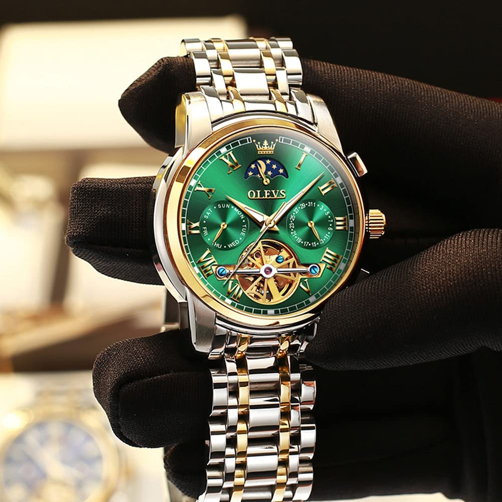 OLEVS Men's Automatic Mechanical Tourbillon Watch - Self-Winding Luxury Stainless Steel Waterproof Wristwatch with Luminous Hands & Date Display | Perfect for Business, Formal Events & Everyday Wear
