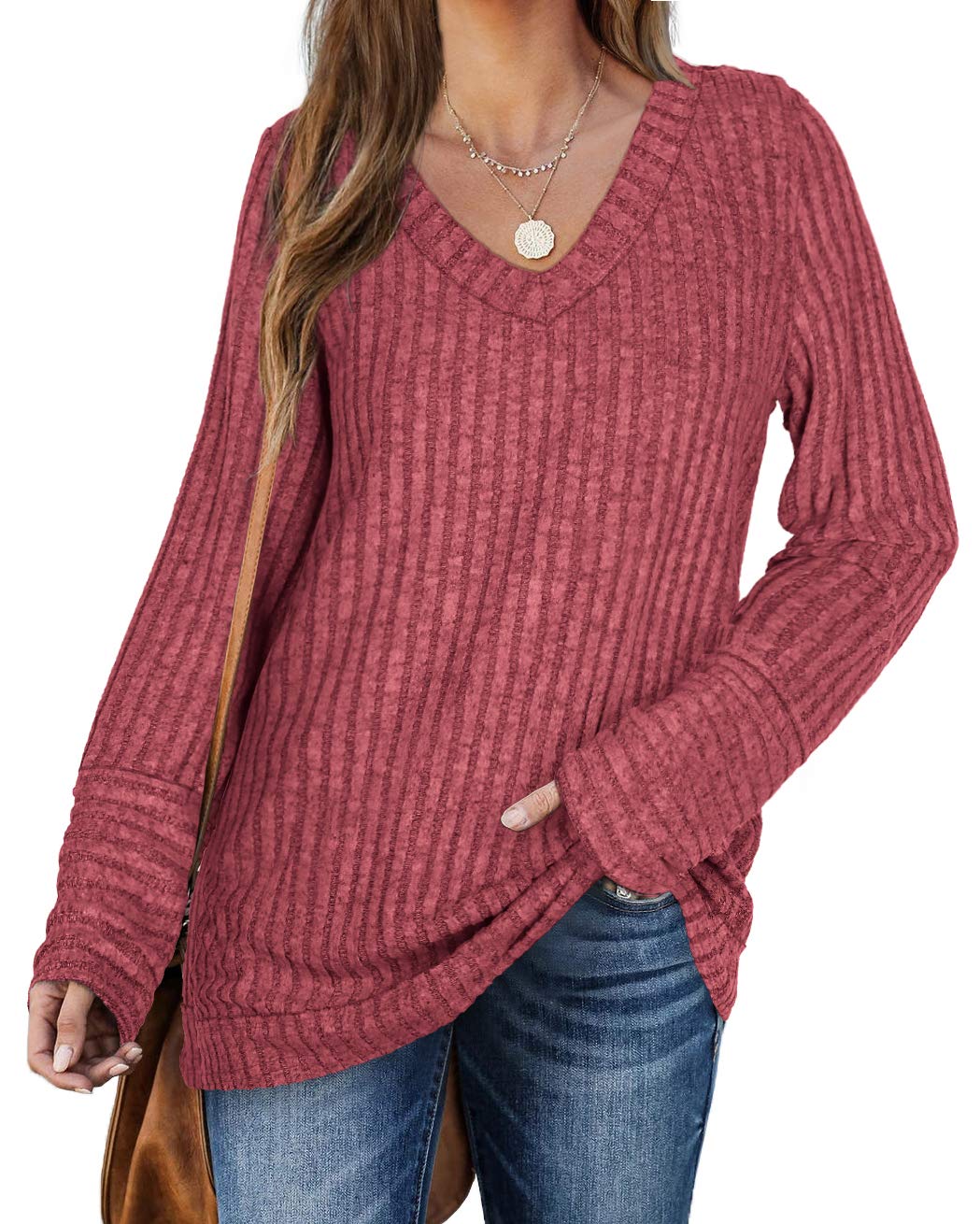 WIHOLL Women's Long Sleeve V-Neck Solid Color Sweaters - Soft Casual Knit Tops for Fall, Winter & Layering Outfits