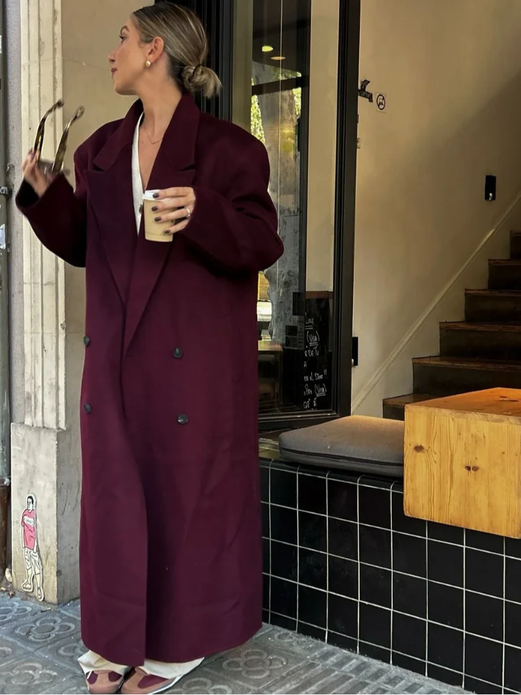 Stylish Burgundy Red Double Breasted Oversized Overcoat for Women - Casual Lapel Pockets Long Sleeve Coat - High Street Fashion for Work, Dating & Fall/Winter Outfits