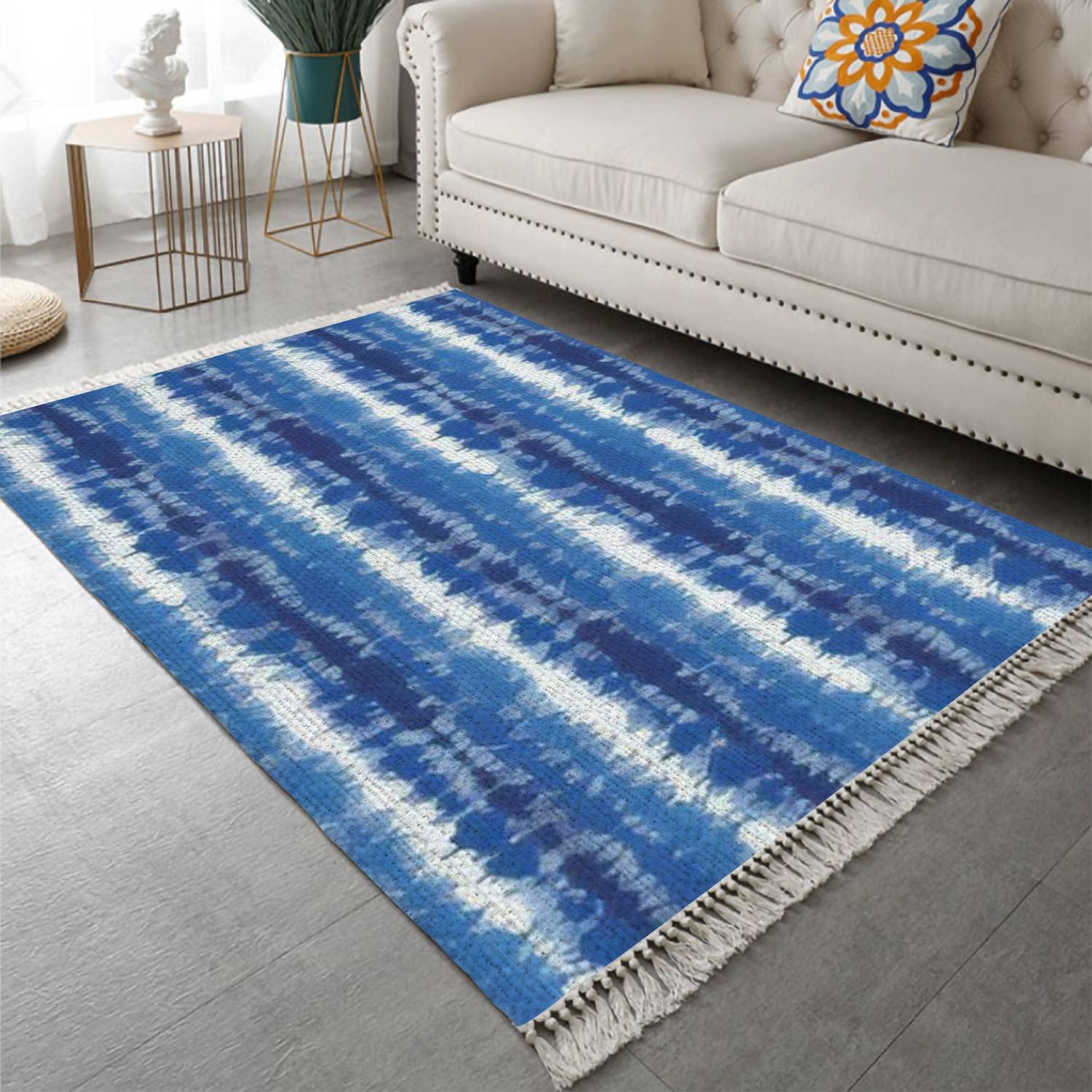 Indigo Blue Shibori Tie-Dye Cotton Linen Area Rug with Tassels - 4'x6' Japanese Style Washable Woven Carpet Runner for Entryway, Laundry, Bedroom & Kitchen - Perfect for Boho Decor, Farmhouse Style & Cozy Home Accents