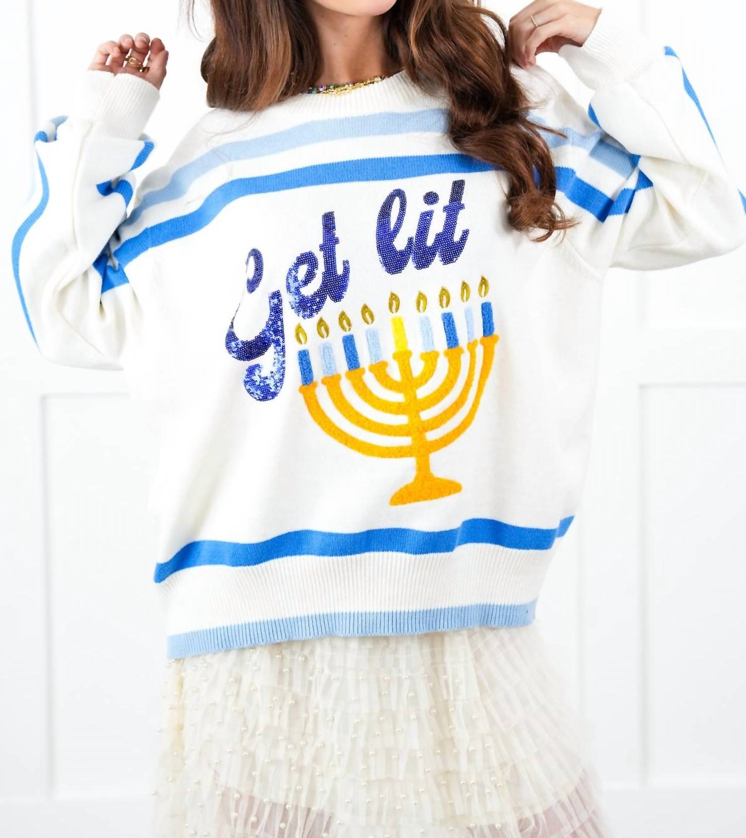 Get Lit Menorah Stripe Sweater in White - Hanukkah Holiday Knitwear for Men & Women - Perfect for Jewish Celebrations, Winter Parties & Festive Gatherings