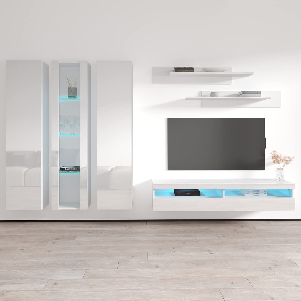 Modern White Wall-Mounted TV Stand with Storage Shelves & LED Lights - 35