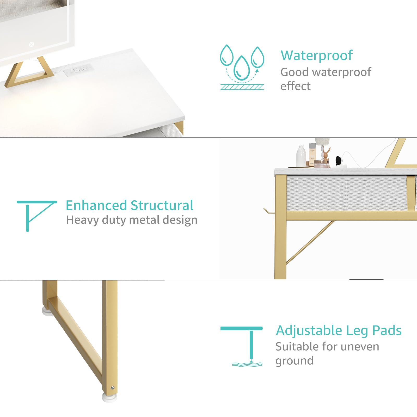 Lufeiya 32 Inch White Vanity Desk with Mirror, Lights & Fabric Drawers - Dressing Table & Chair Set with Power Outlet for Girls Bedroom (White Gold) | Perfect for Makeup, Skincare & Hair Styling