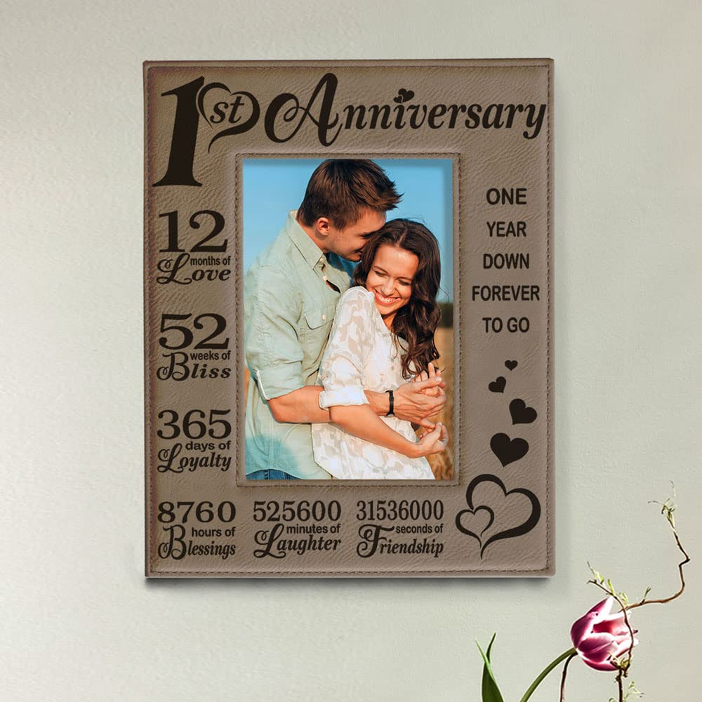 KATE POSH 1st Anniversary Engraved Leather Picture Frame - 4x6 Vertical Wedding Gift for Couples, Him & Her | Romantic Keepsake for Paper Anniversary | Perfect for Bedroom, Office Desk or Gift Display