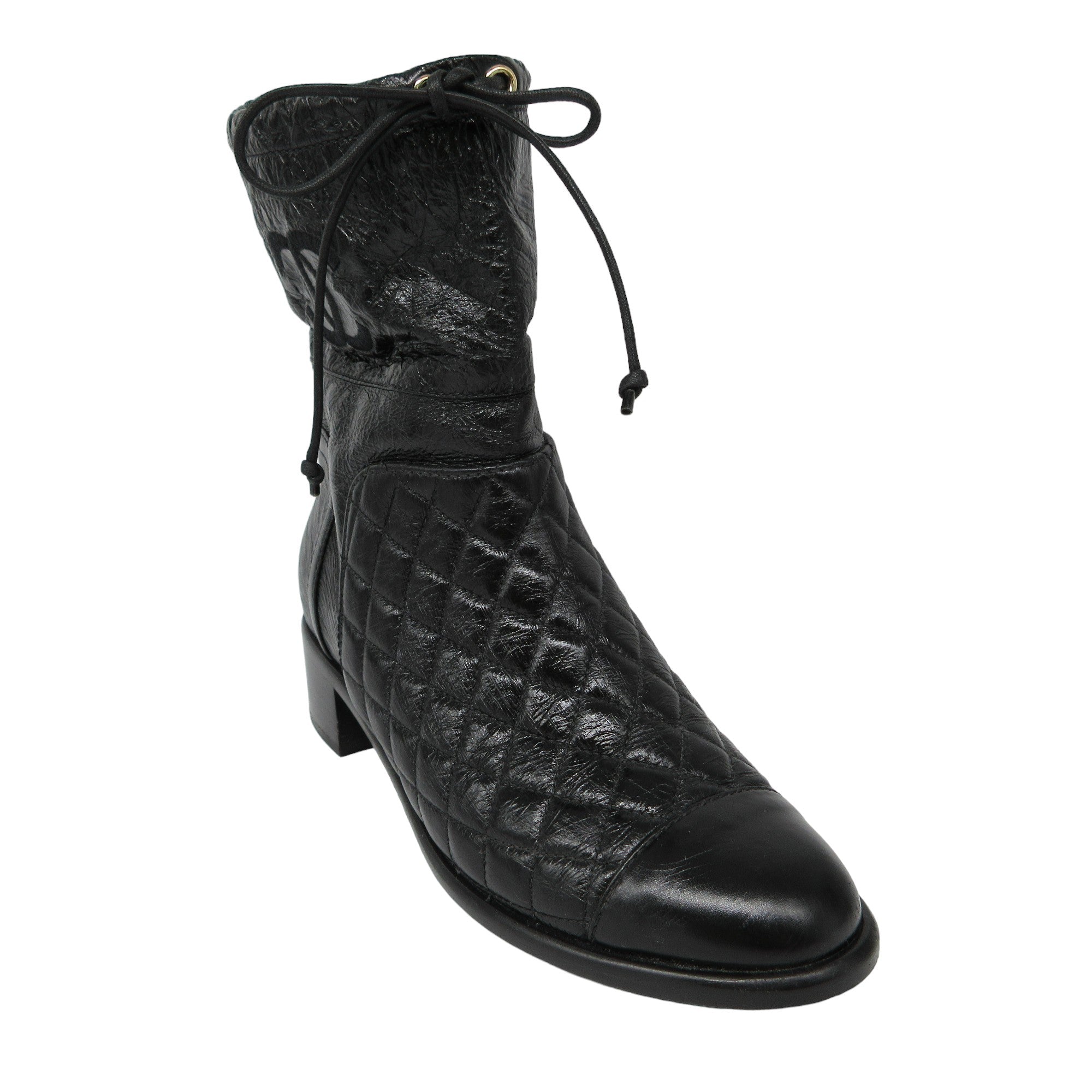 Chanel Black Matelasse Quilted Patent Leather Cap Toe Block Heel Mid Calf Boots for Women | Luxury Designer Boots for Fall Winter Fashion, Office Wear & Evening Outfits