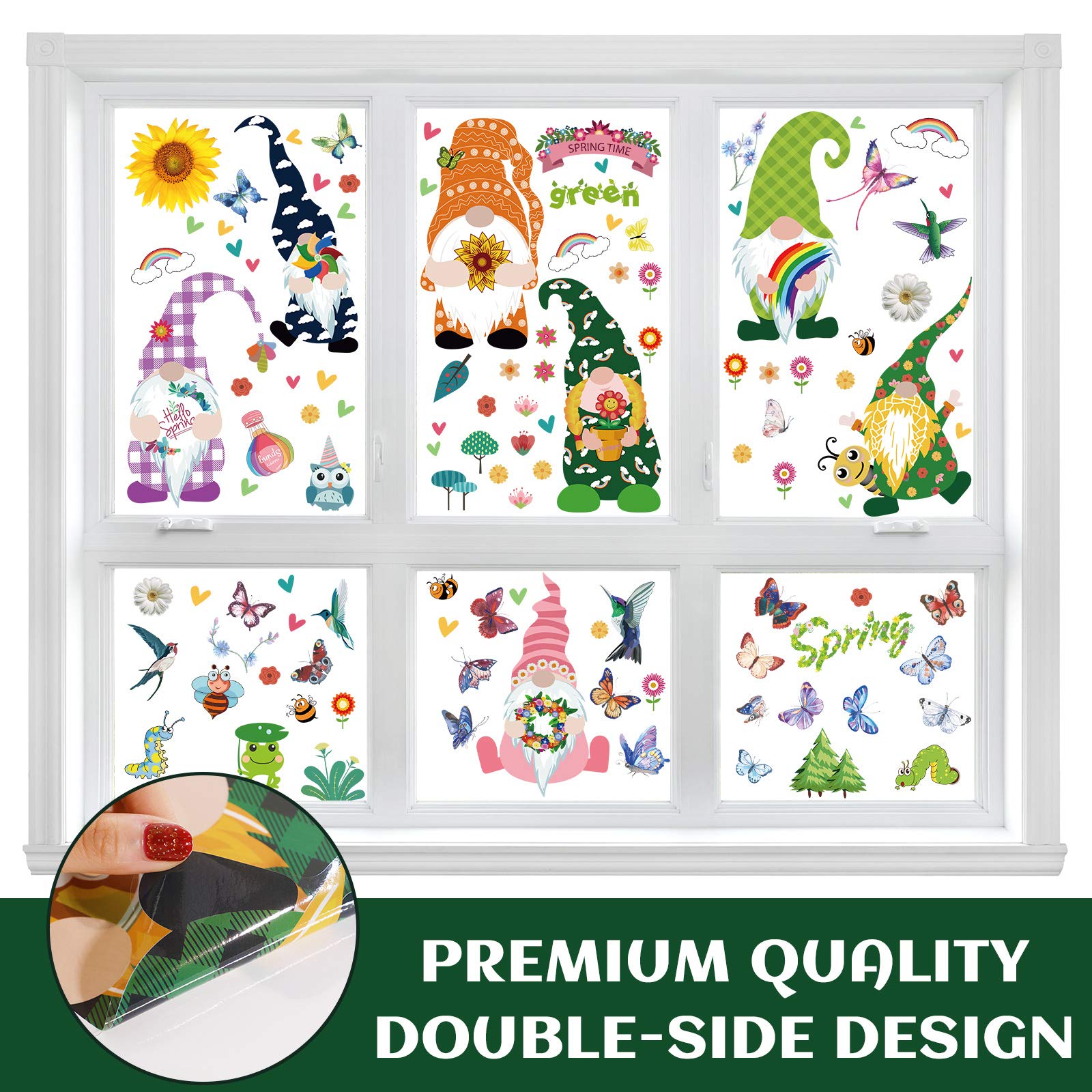 Zonon 9-Piece Gnome Window Clings Set - Flower & Butterfly Window Decals, Spring Home Decor, Reusable Stickers for Glass Doors & Windows - Perfect for Easter, Garden Party & Seasonal Home Decoration