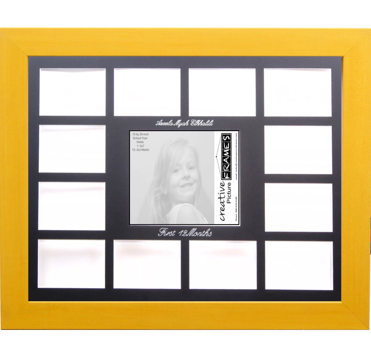 Custom Calligraphy 12 Month Timeline Newborn Collage - 18x22 Inch Picture Frame with Black Mat & Wall Hangers - Perfect for Baby's First Year Milestones & Nursery Decor