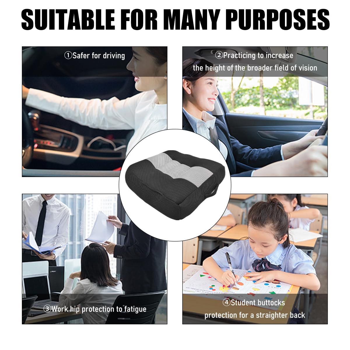 Car Booster Seat Cushion for Adults - Breathable Mesh Front Seat Pad with Height Adjustment | Universal Fit for Most Vehicles, Office Chairs & Home Use | Comfortable Driving & Posture Support (Black & Gray)