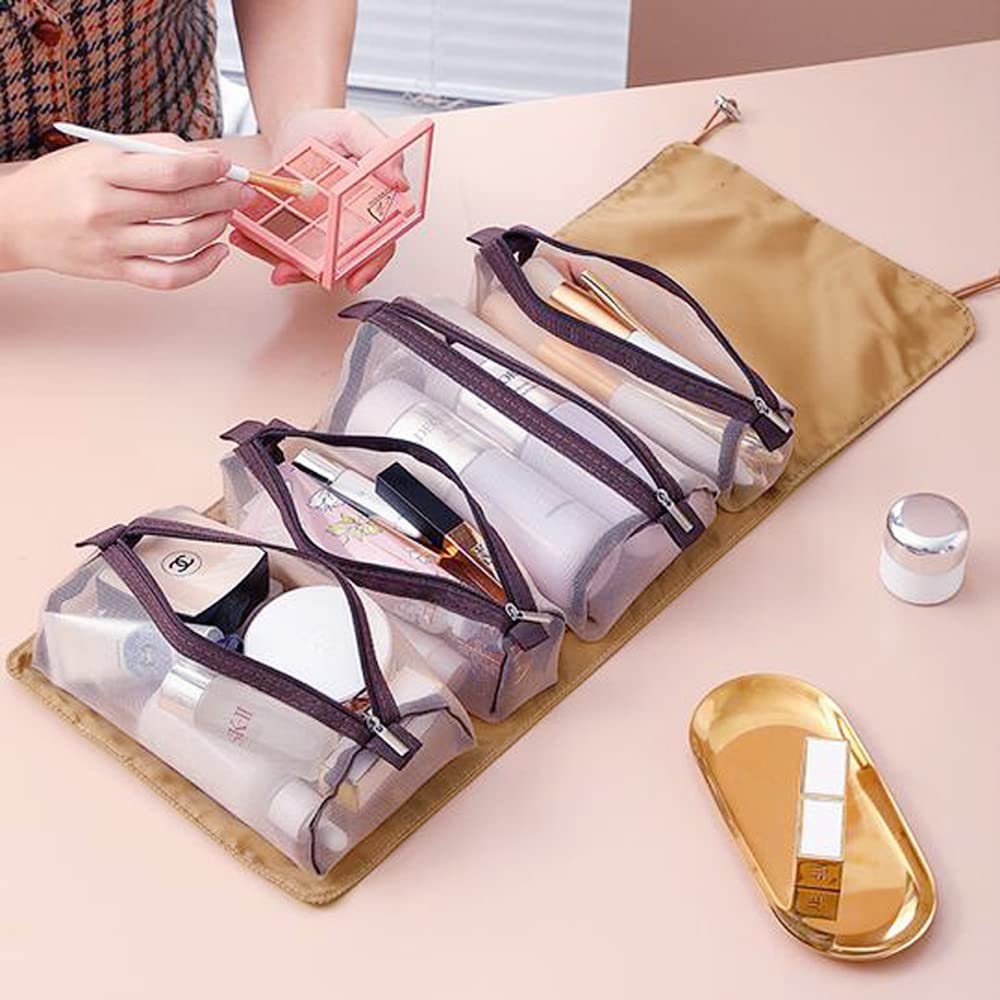 Keetly Waterproof Makeup Bag for Women - Travel Cosmetic Organizer Pouch with Multiple Pockets, Khaki | Perfect for Travel, Gym, and Daily Makeup Storage