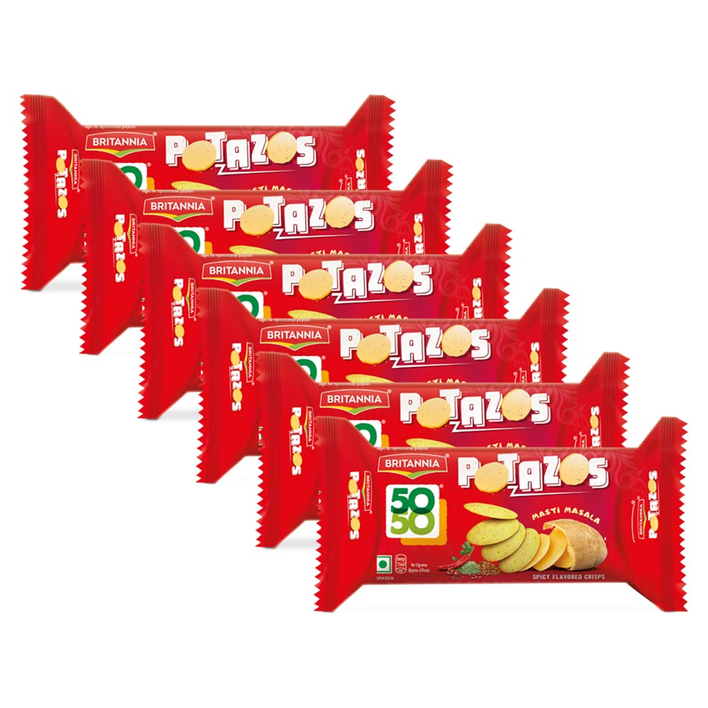 Britannia 50-50 Potazos Masti Masala Spicy Flavored Crisps 3.52oz (100g) - Crunchy Indian Snack Cookies - Perfect for Parties, Movie Nights & Office Snacking (Pack of 6)