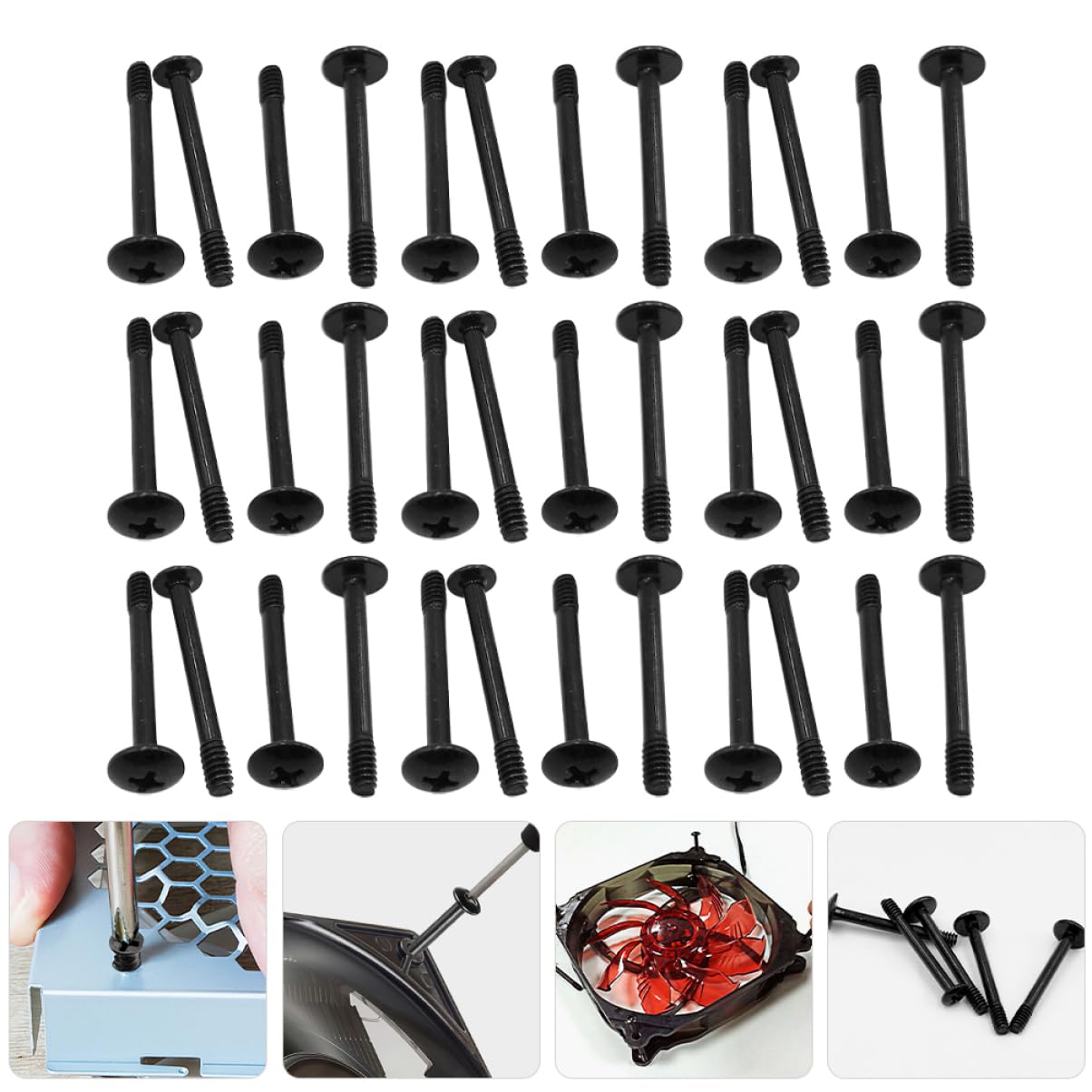 50pcs Computer Fan Screws - 30mm Long Steel Case Fan Mounting Screws & Power Fan Rivets for PC Build, Replacement, and Upgrade | Compatible with Desktop, Gaming PC, and Server Cases