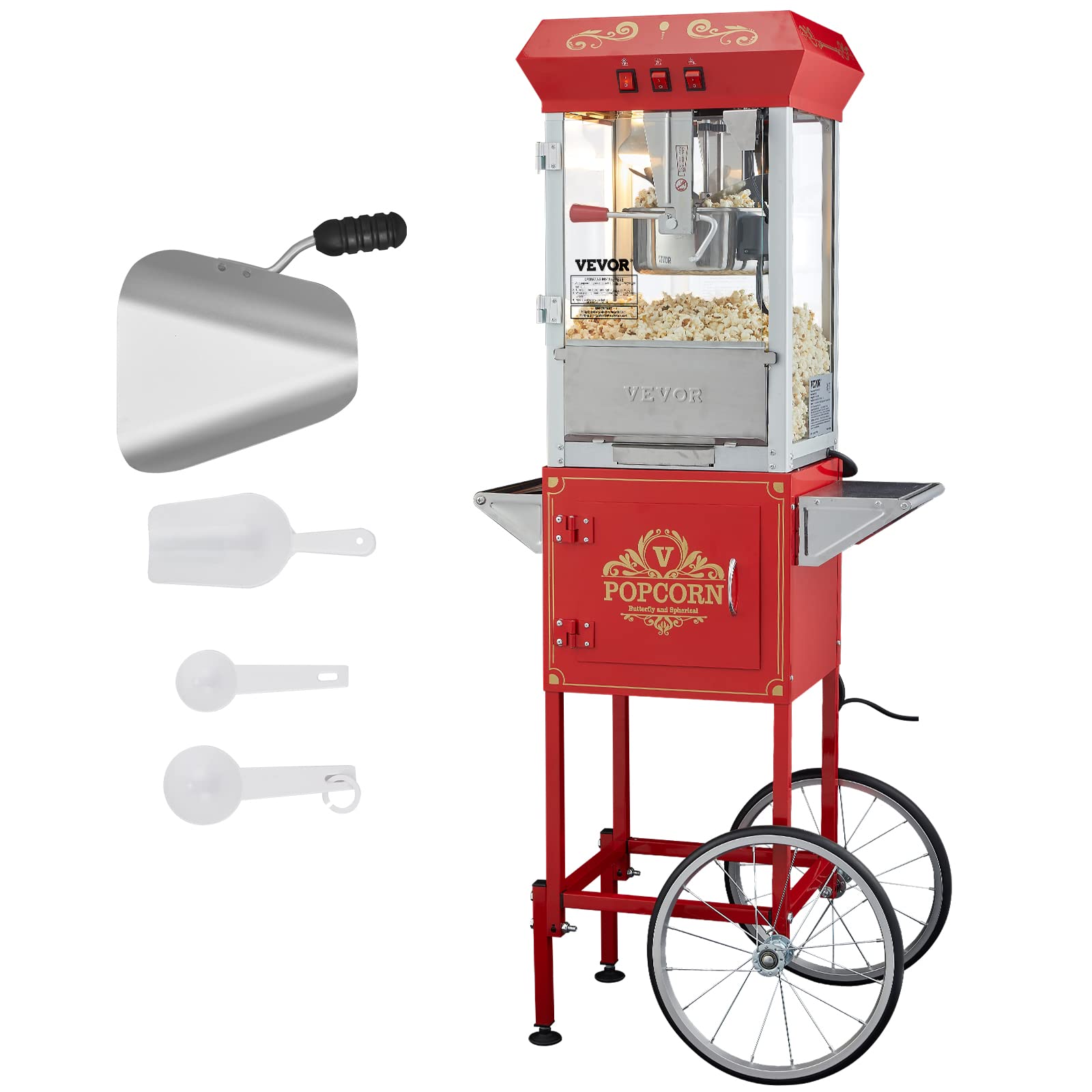 VEVOR 8 Oz Commercial Popcorn Machine - 850W Theater Style Popper with Wheels, Makes 48 Cups per Batch - 3-Switch Control, Steel Frame & Tempered Glass Doors - Includes Scoop & Spoons - Perfect for Movie Theaters, Carnivals, and Home Theater Snack Bars