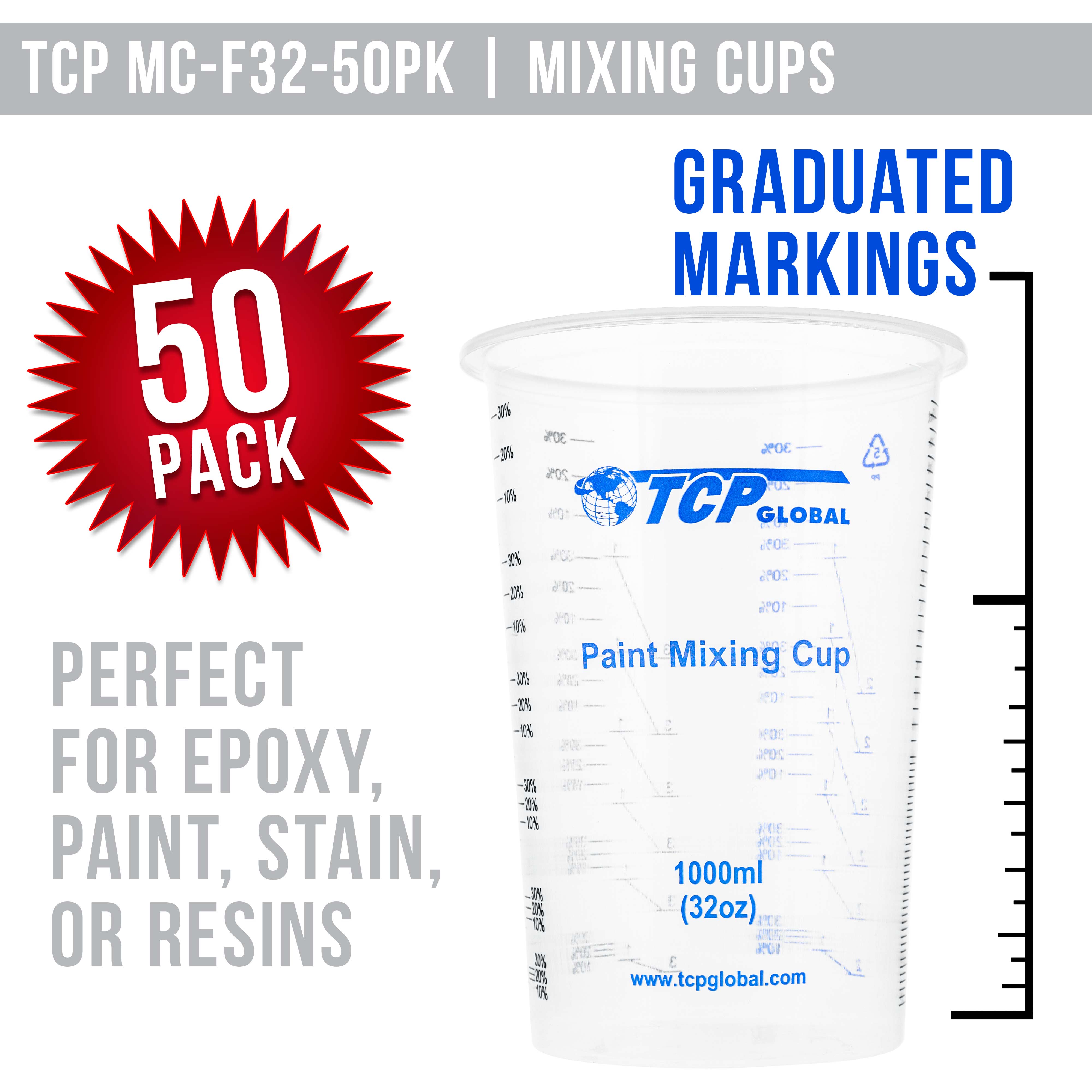 TCP Global 32oz (1000ml) Disposable Plastic Mixing Cups - Clear Graduated Measuring Cups for Paint, Resin, Epoxy, Art & Kitchen Use - Pack of 50 - Perfect for DIY Projects, Baking & Crafting