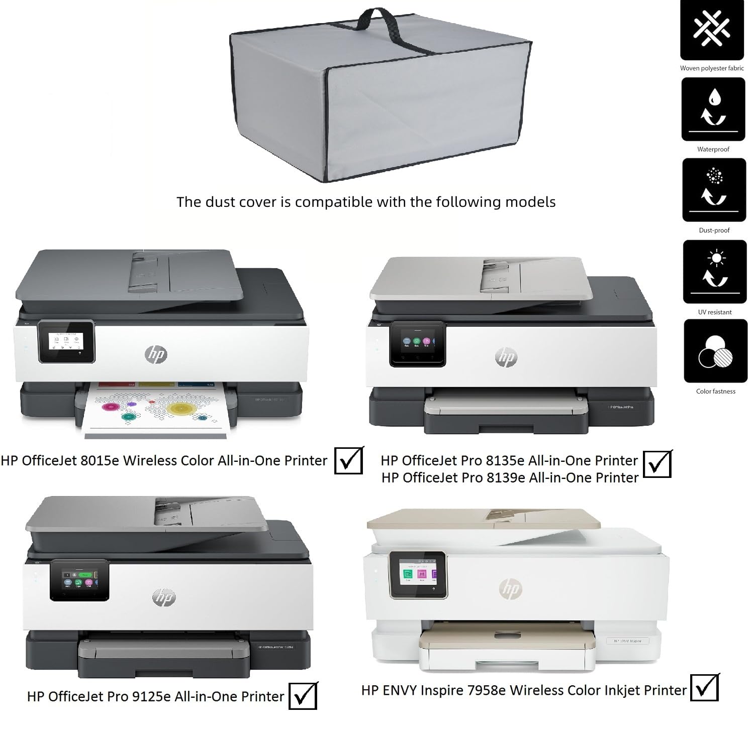 Heavy Duty Waterproof UV-Resistant Printer Dust Cover for HP OfficeJet 8015e/Pro 8135e/9125e/8139e/ENVY Inspire 7958e - Silver Fabric Protection for Home & Office Use