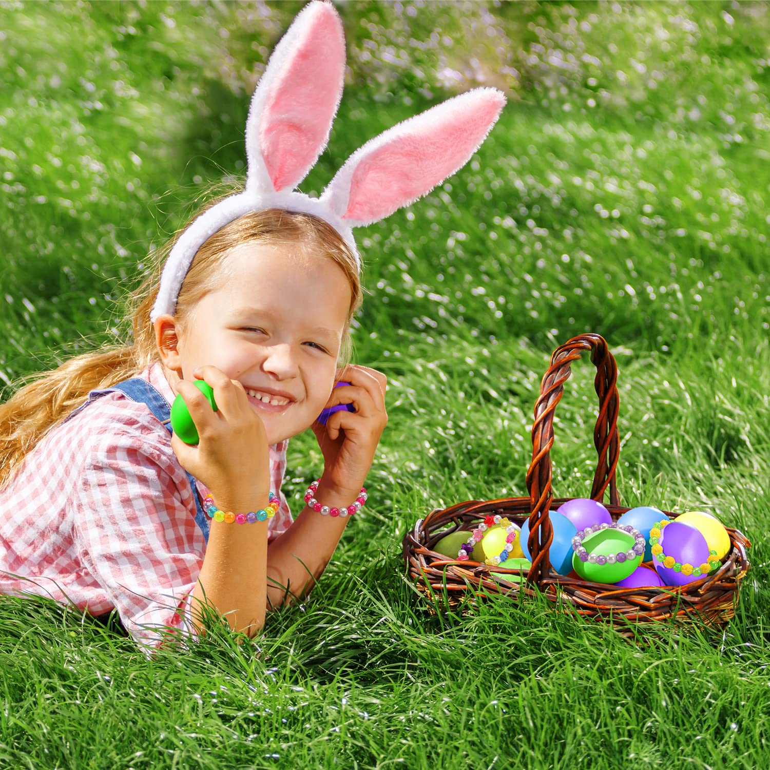 24 Pack Filled Easter Eggs with Beads Bracelets Inside - Easter Basket Stuffers, Party Favors for Toddlers, Girls & Kids - Perfect for Easter Egg Hunts, Classroom Rewards & Birthday Party Gifts