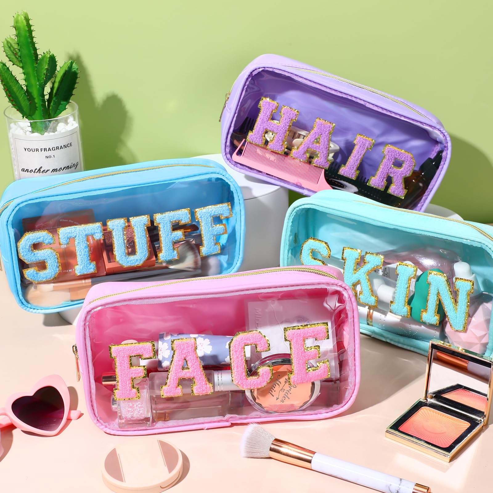 Hillban 4-Piece Chenille Letter Cosmetic Bag Set - Waterproof Nylon PVC Makeup Pouch, Travel Toiletry Organizer for Women - Perfect for Gym, Beach, Vacation & Daily Use (Light Colors)