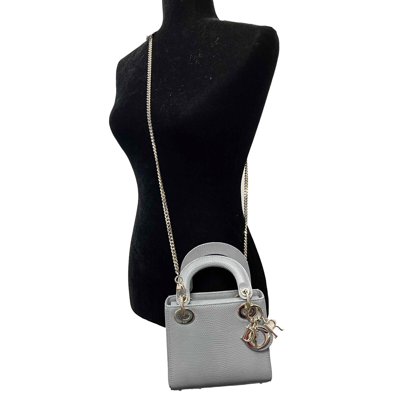 Dior Mini Lizard Lady Dior Light Blue Top Handle Crossbody Bag with Chain Strap - Perfect for Evening Events, Parties & Luxury Fashion Accessories