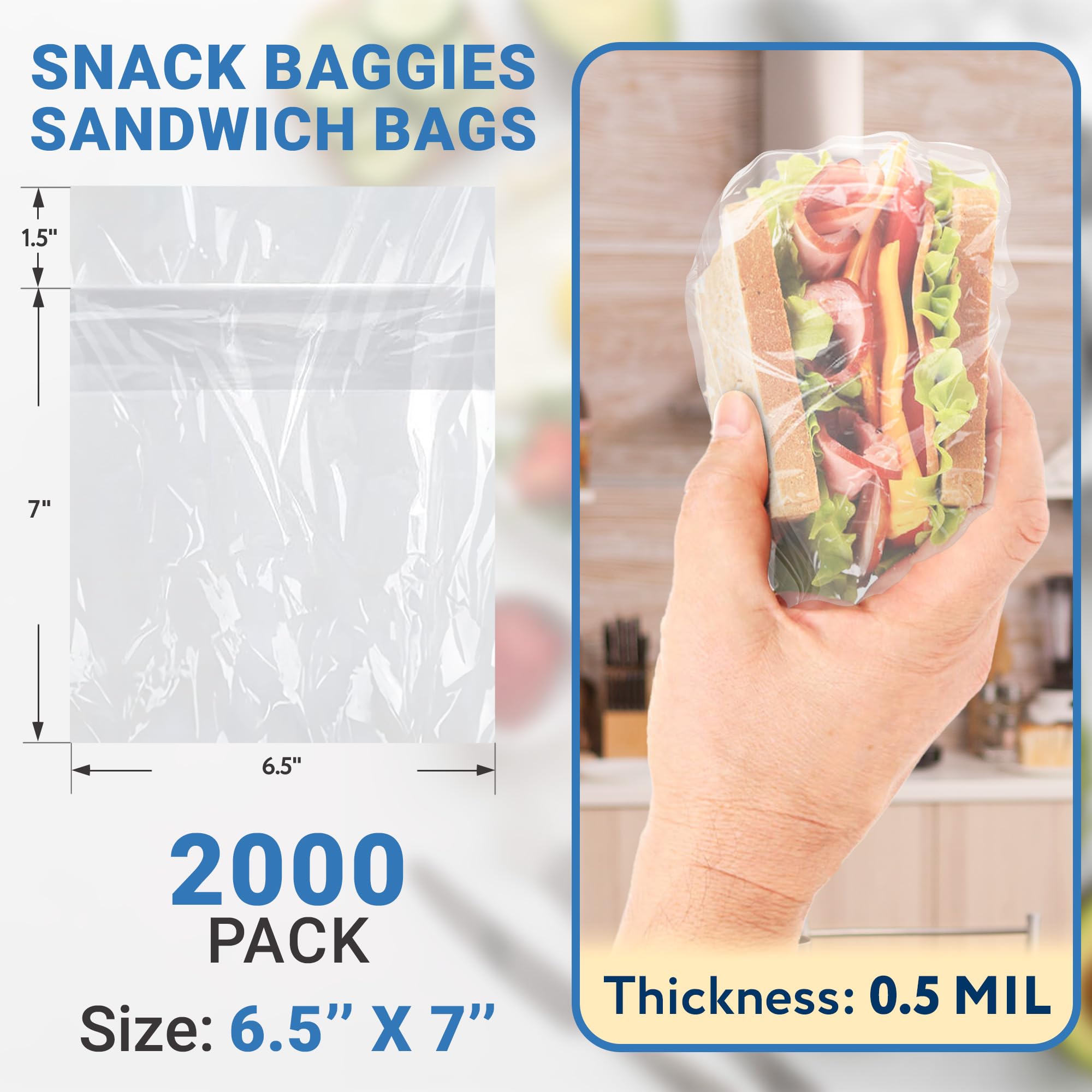 APQ Fold Top Sandwich Bags - 6.5 x 7 Inch, Pack of 2000 Clear Plastic Snack Baggies | 0.5 Mil Polyethylene Food Storage Bags | Bulk Sandwich Bags for School Lunches, Picnics & Meal Prep