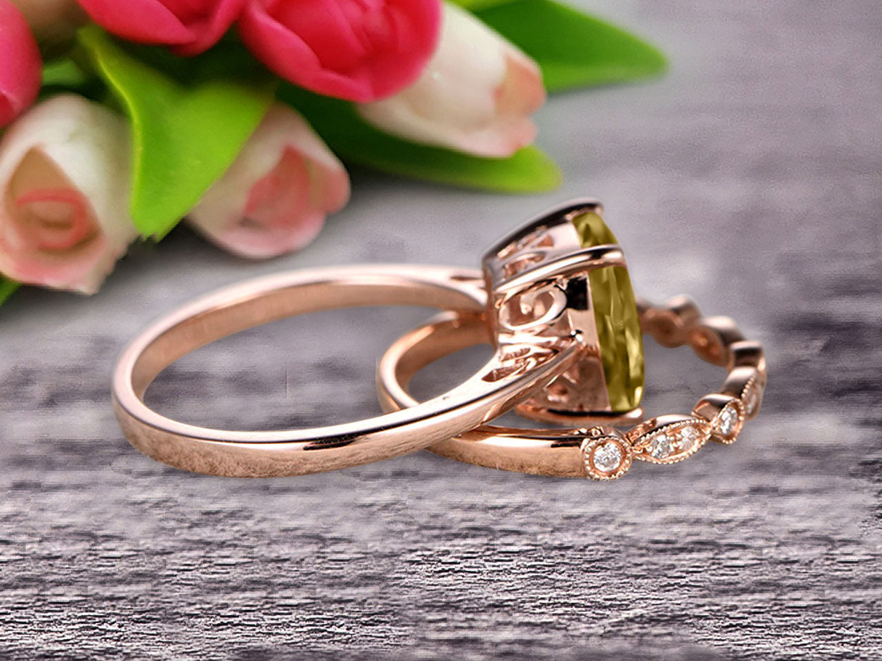 1.25 Carat Cushion Cut Champagne Moissanite Solitaire Engagement Ring with Matching Band in 10k Rose Gold - Art Deco Style Wedding Ring Set for Anniversary, Proposal & Special Occasions