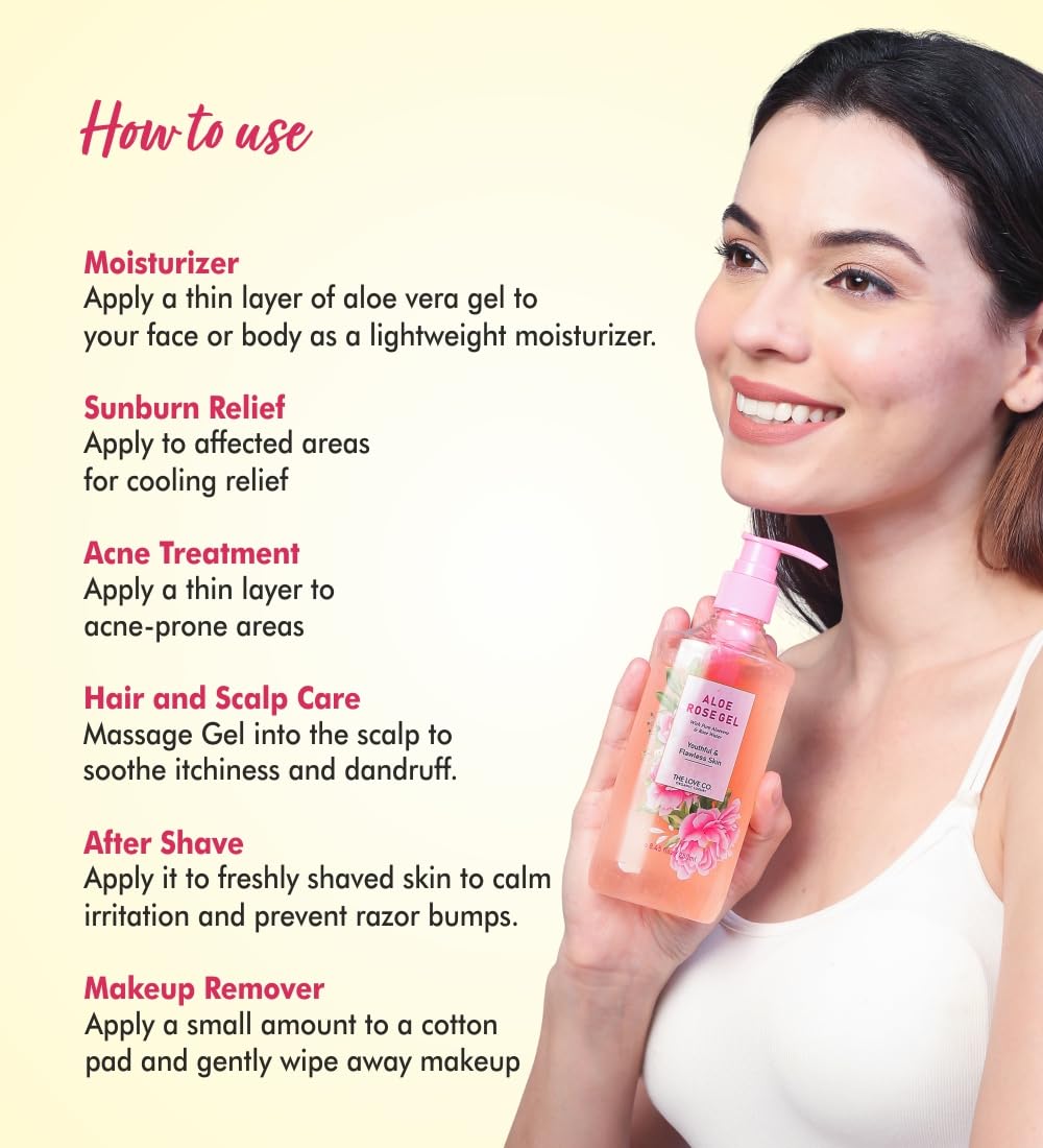 THE LOVE CO. Aloe Vera & Rose Water Gel - 250ml | Vitamin E-Enriched Hydrating Face & Body Moisturizer for Dry Skin | Sunburn Relief, Skin Rejuvenation & Daily Hydration | Perfect for After-Sun Care & Sensitive Skin Soothing