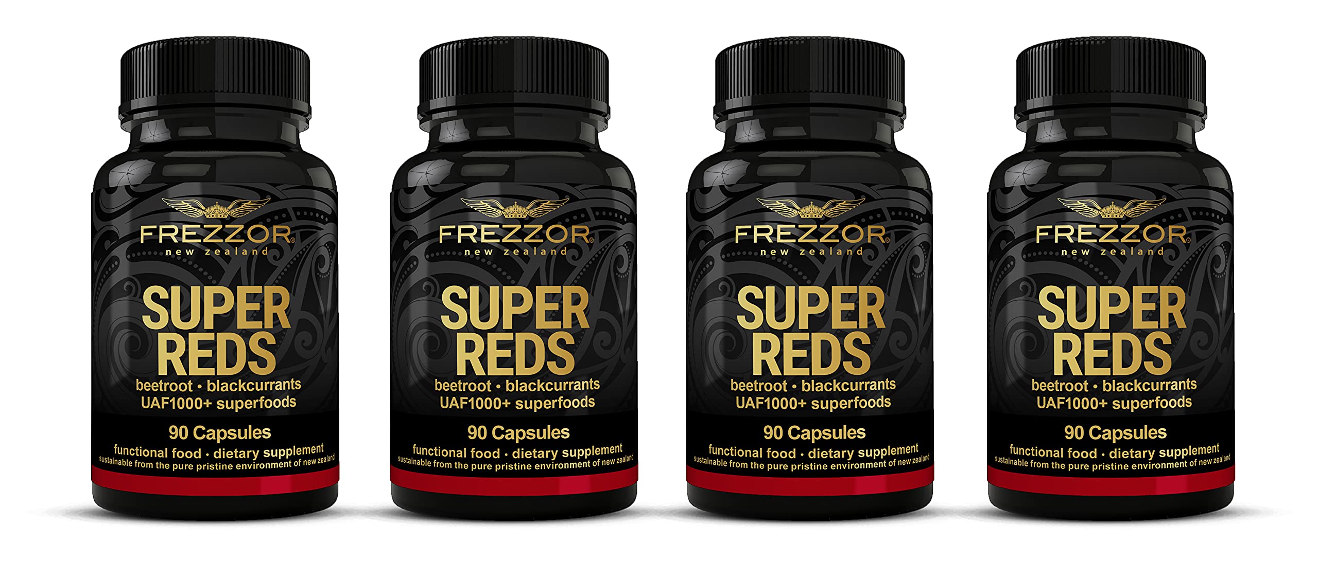 FREZZOR Super Reds Capsules with UAF1000+ | All-Natural New Zealand Red Superfood Energy Supplement | Antioxidant Rich Blend of Red Fruits, Vegetables & Beets | 360 Capsules (4 Bottles) | Boost Energy & Vitality for Active Lifestyles
