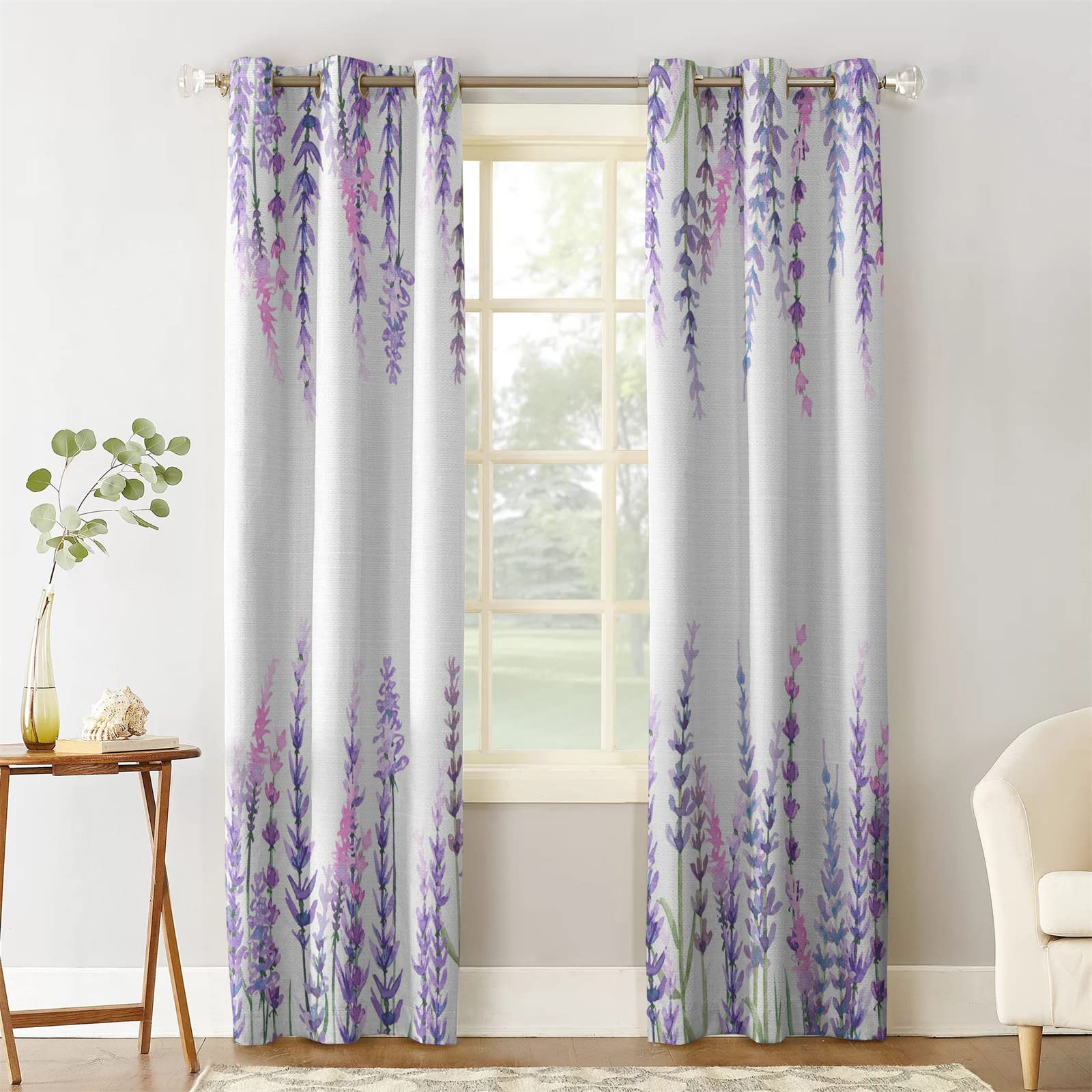 2 Panels Purple Blackout Curtains for Bedroom - Watercolor Lavender 3D Printed Drapes with Grommet Top, 52x84 Inch Thermal Insulated Room Darkening Window Treatments for Living Room, Nursery & Home Office - Elegant Floral Design for Privacy & Light Blocking