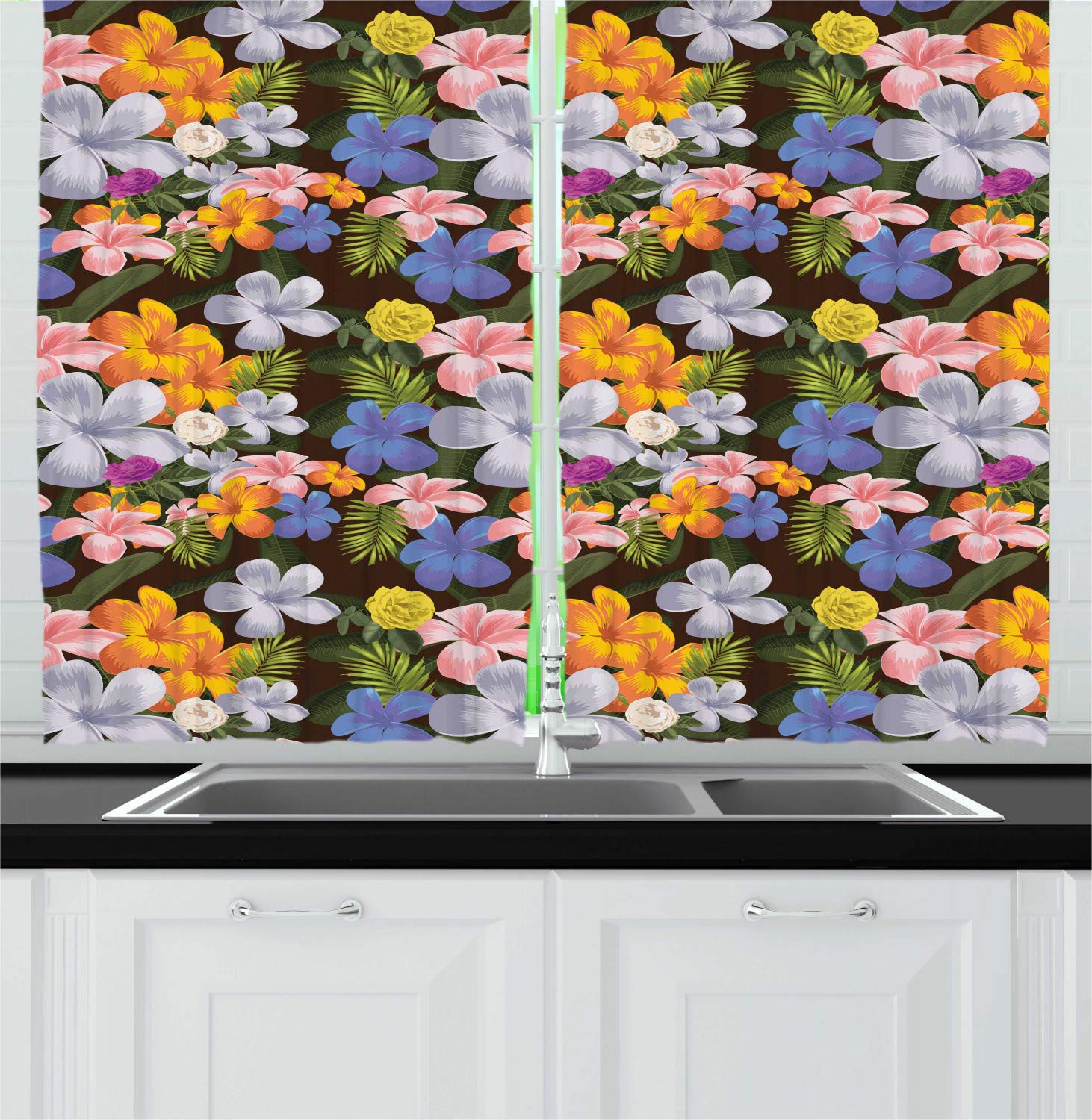 Ambesonne Tropical Kitchen Curtains - Colorful Hawaiian Flower Print Window Drapes, 2 Panel Set for Kitchen & Cafe Decor, 55