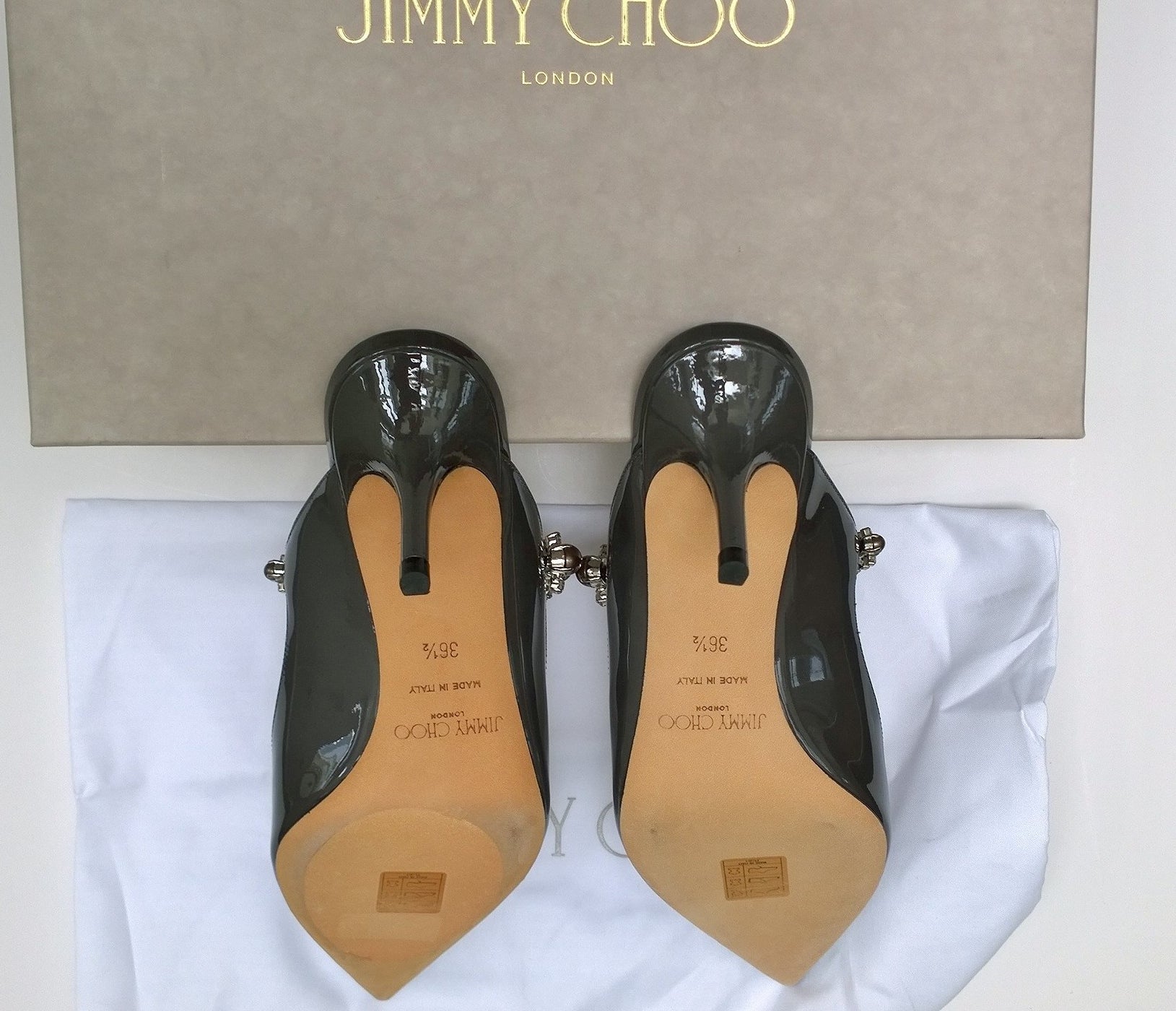 Jimmy Choo Bing 65mm Patent Leather Heels - Grey with Pearl & Rhinestone Band - Perfect for Weddings, Parties & Evening Events
