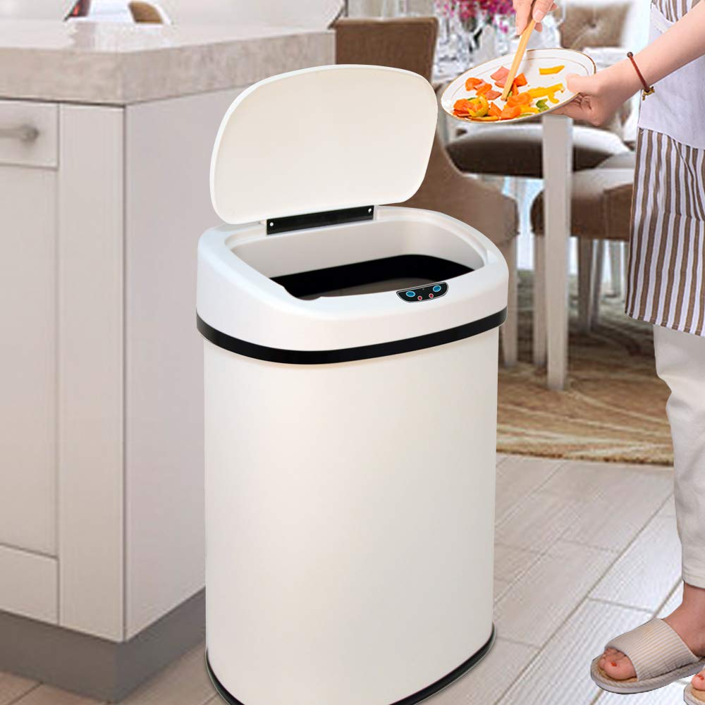 Automatic Touchless Stainless Steel Trash Can with Lid - 13 Gallon Sensor Kitchen Garbage Bin, Hands-Free Motion Sensor Waste Basket for Home, Office, Bathroom & Bedroom - Battery Powered, White - Perfect for Hygienic Waste Disposal in Kitchens, Bathrooms & Offices
