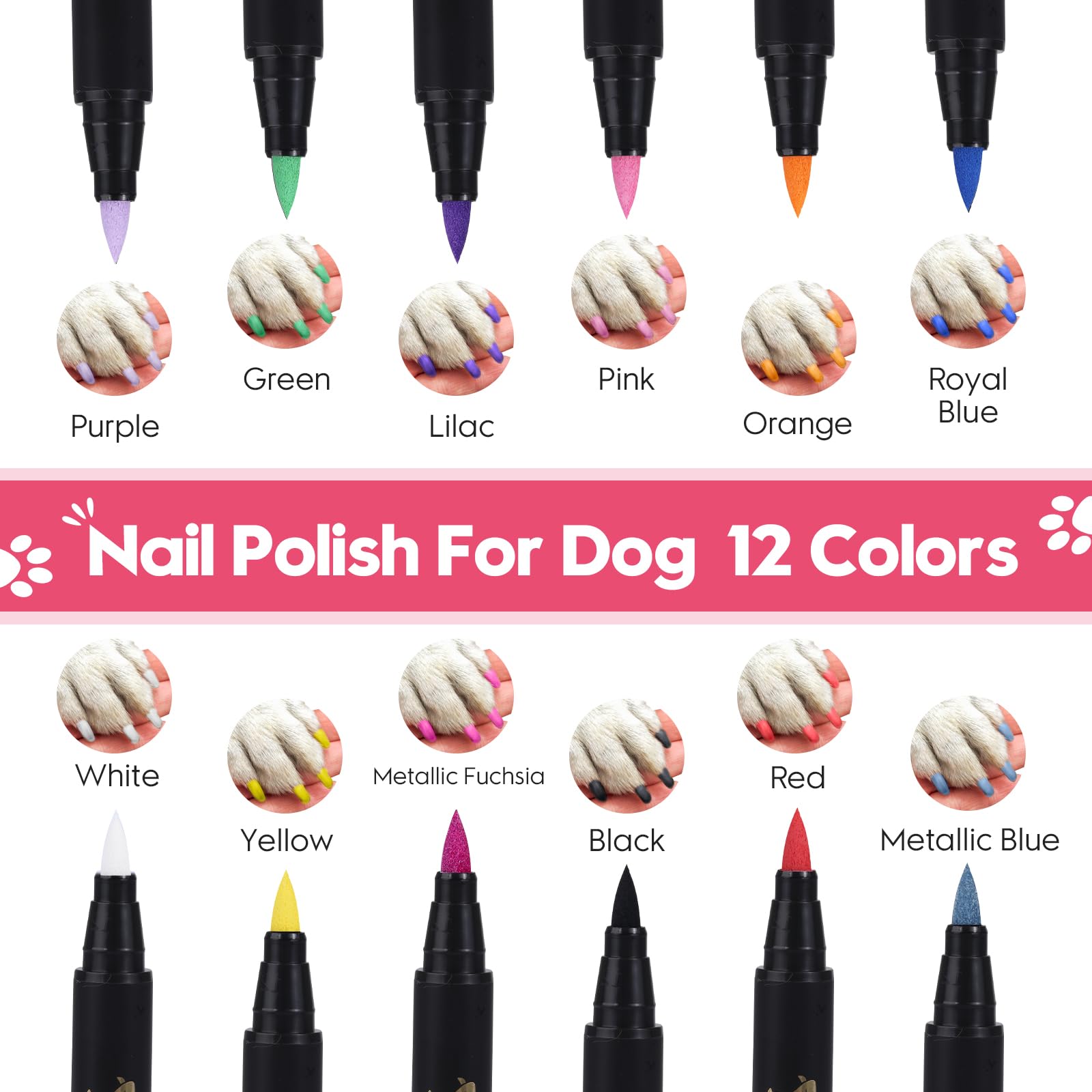 Quick Dry Dog Nail Polish Pens - 12 Color Safe Pet Nail Art Set for Puppy Grooming & Paw Care