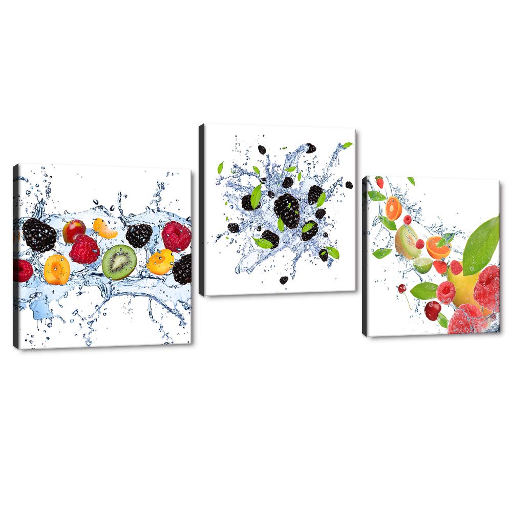 3 Panels Colorful Spring Summer Wall Art - Fresh Fruits in Clean Water Artwork, Large Kitchen Wall Decor, Grape Lemon Water Wall Pictures for Guest Room & Restroom Decor, Framed Ready to Hang (24