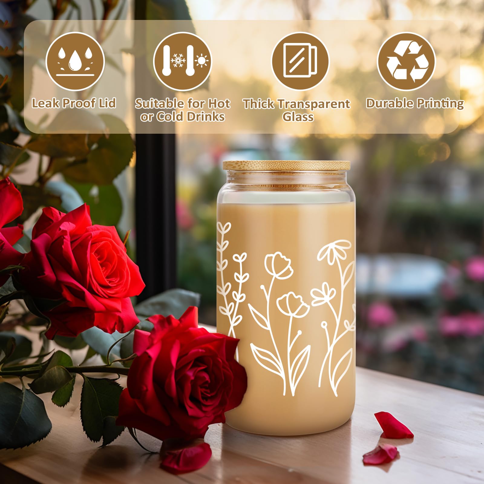 Coolife 16oz Floral Iced Coffee Glass Cup with Lid & Straw - Aesthetic Matcha Tumbler for Women, Perfect Mother's Day/Birthday Gift for Mom, Wife, Daughter - Great for Iced Coffee, Matcha, Bubble Tea at Home, Office or Cafe