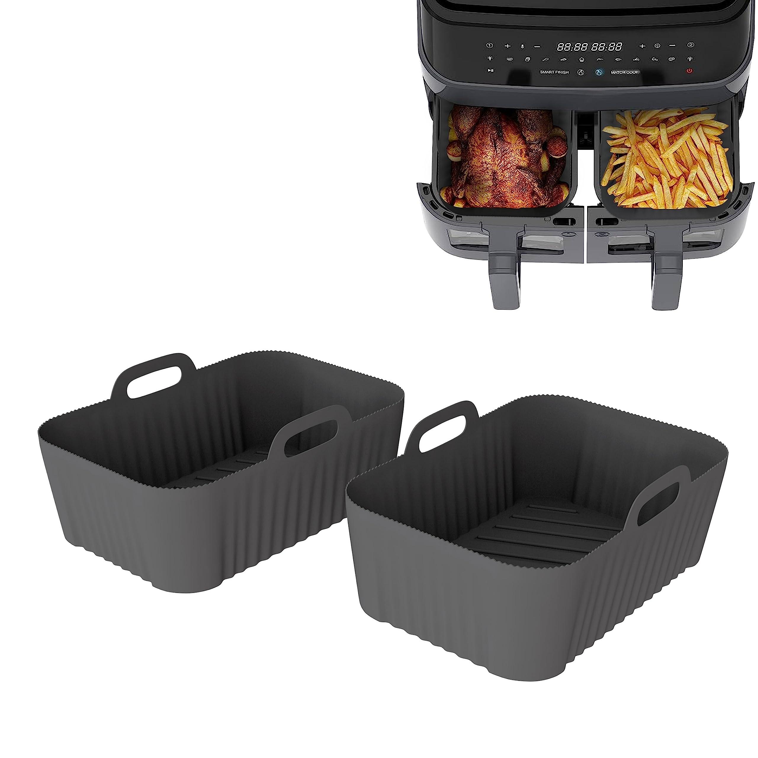 LOBUK 2-Pack Reusable Silicone Air Fryer Liners for Ninja Dual Air Fryer - BPA Free, Non-Stick, Dishwasher Safe (Rectangle, Grey) - Perfect for Healthy Cooking & Easy Cleanup