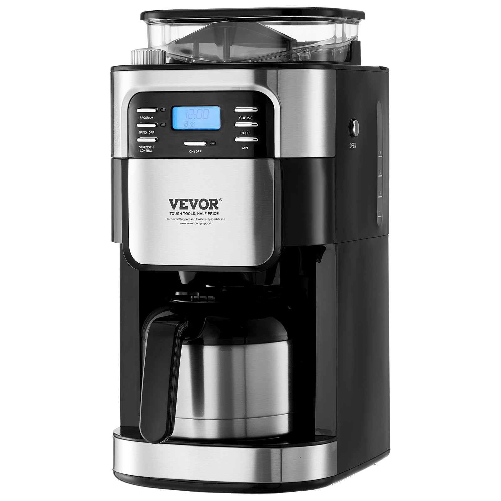 VEVOR 8 Cup Coffee Maker with Built-in Grinder, 3 Brew Strength Control & 24-Hour Auto Brew Timer - Perfect for Home, Office, and Restaurant Use