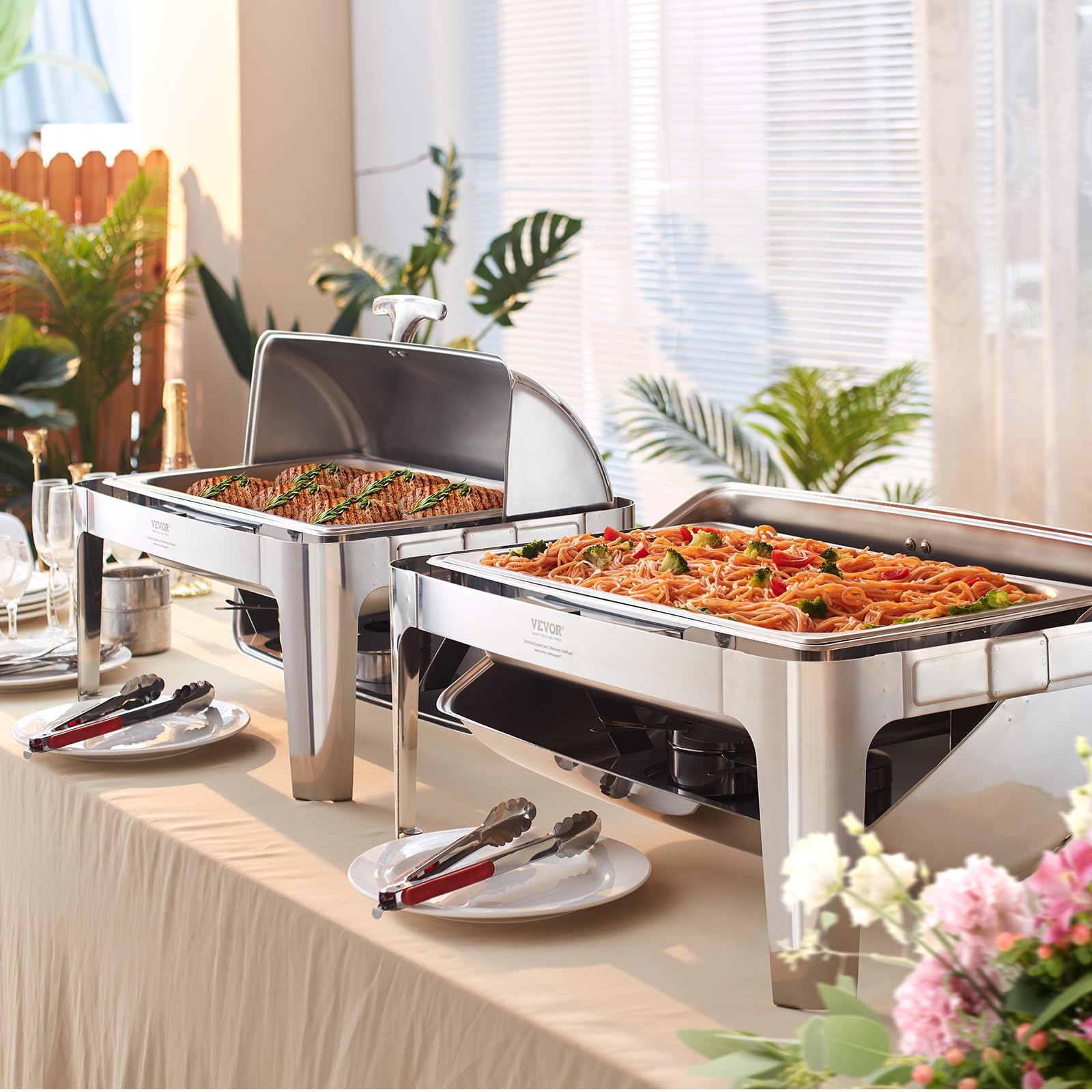 VEVOR 9 Qt Stainless Steel Roll Top Chafing Dish Buffet Set with Full Size Pan, Rectangle Catering Warmer with Lid, Water Pan Stand & Fuel Holder - Perfect for Buffets, Catering Events, Wedding Receptions & Serving 9+ People