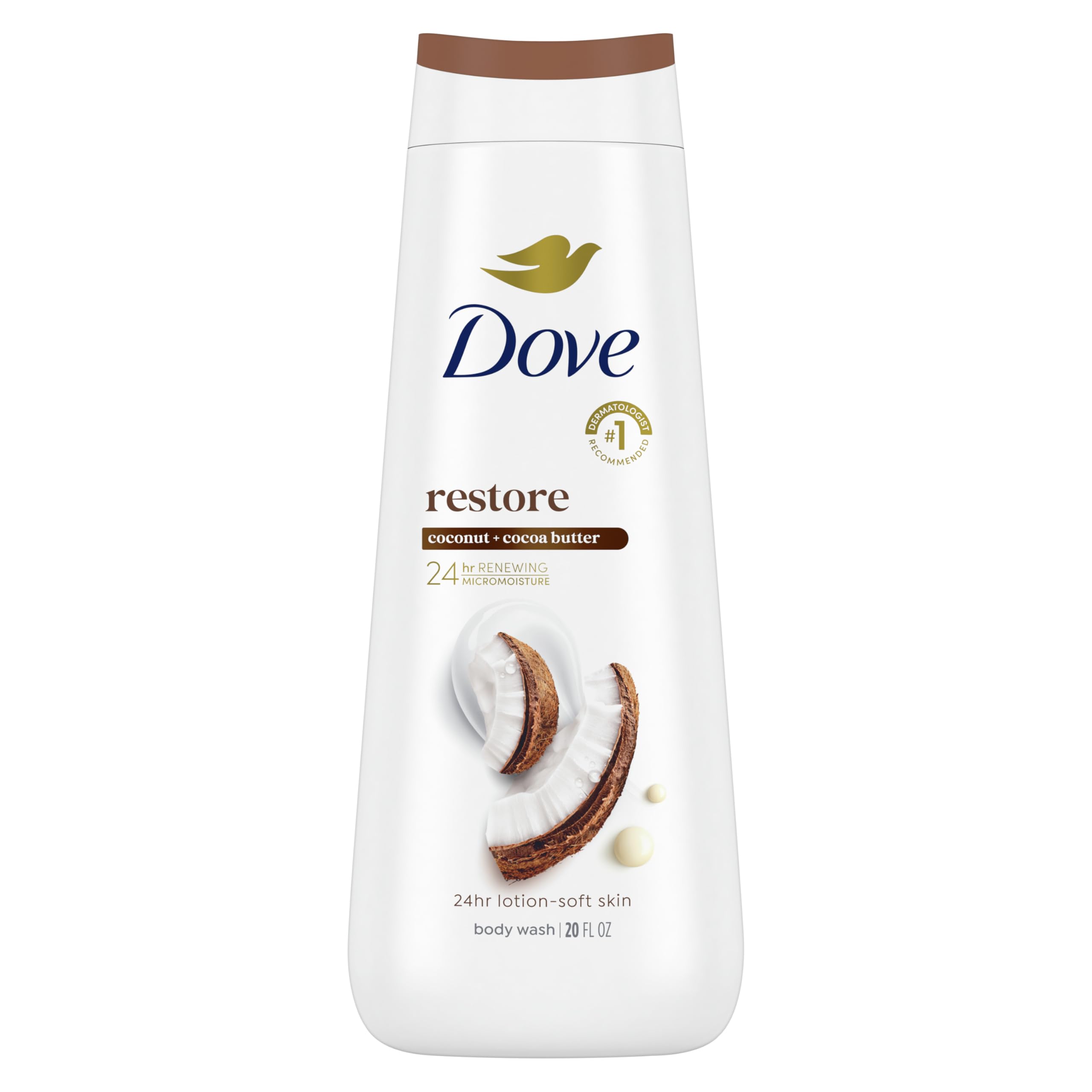Dove Body Wash with Coconut & Cocoa Butter - 24 Hour Moisturizing Skin Cleanser for Soft Skin | Sulfate-Free, Paraben-Free | 20 oz | Perfect for Dry Skin & Daily Shower Hydration