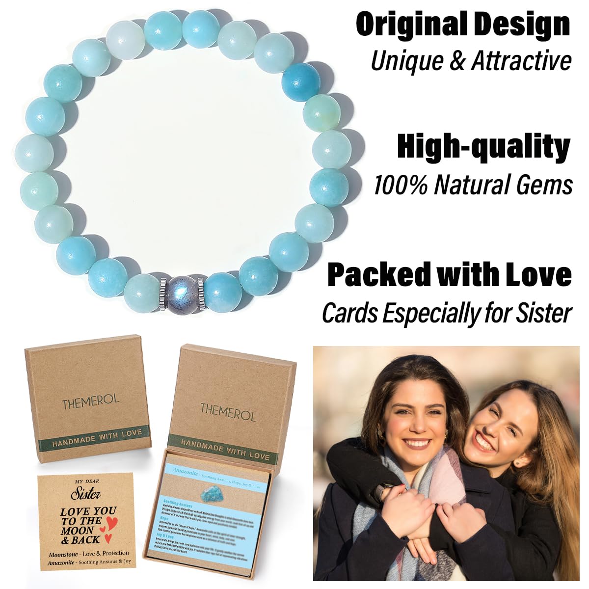 Moonstone Sister Bracelet - Best Gifts for Sisters, Birthday, Christmas, Valentine's Day, Easter & Mother's Day - Perfect for Big Sister, Little Sister & Best Sister Ever - Jewelry for Stocking Stuffers & Basket Fillers - Ideal for Everyday Wear, Special Occasions & Heartfelt Surprises