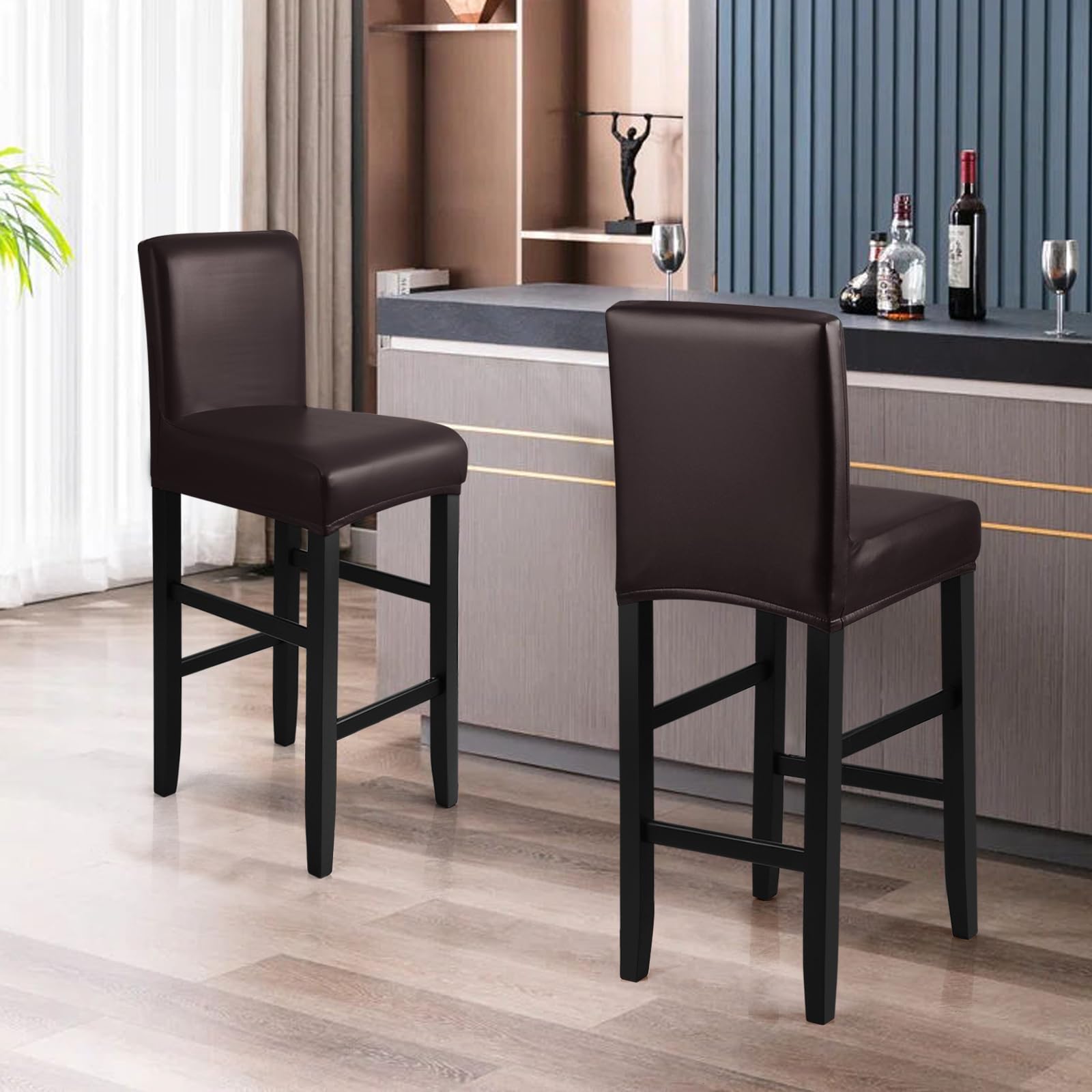 **Waterproof PU Bar Stool Covers 2 Pack - Stretchable, Washable & Removable Slipcovers with Elastic Bands for Kitchen, Dining, or Bar Counter (Coffee Brown) – Perfect for Home, Restaurant, and Cafe Use**