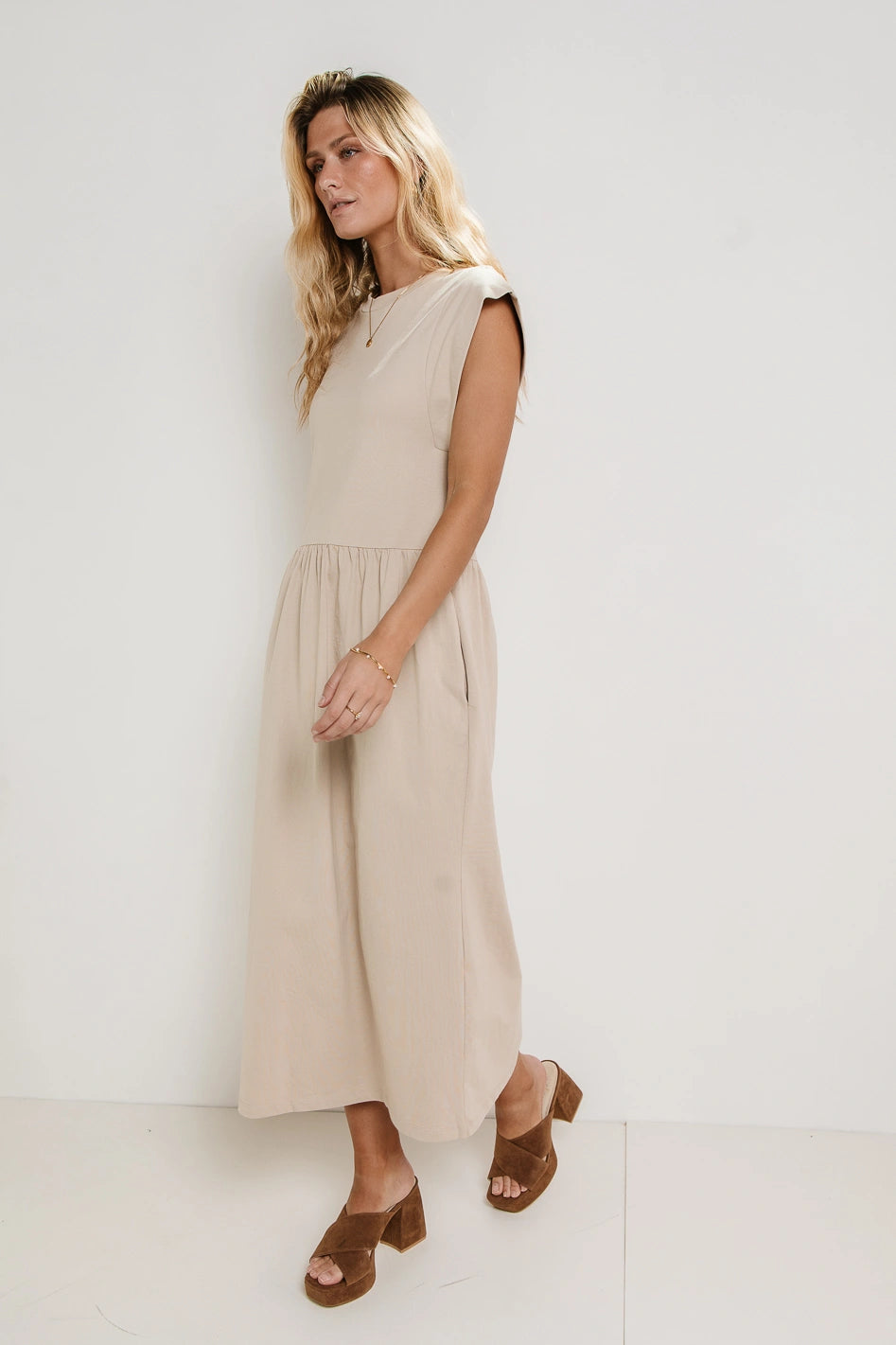 Louie Beige Midi Dress for Women - Elegant & Comfortable FINAL SALE | Perfect for Office, Date Night & Special Occasions