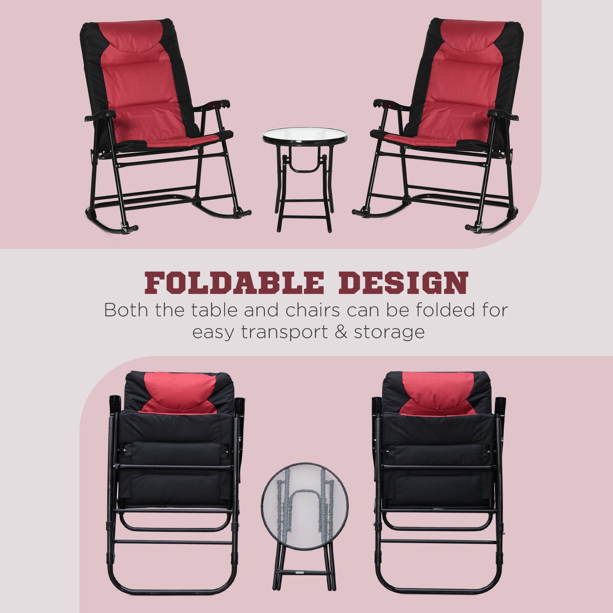 Outsunny 3-Piece Outdoor Patio Furniture Set with Glass Coffee Table & 2 Folding Padded Rocking Chairs - Bistro Style for Porch, Garden, Camping, Balcony (Red) | Perfect for Relaxing, Entertaining Guests & Outdoor Dining