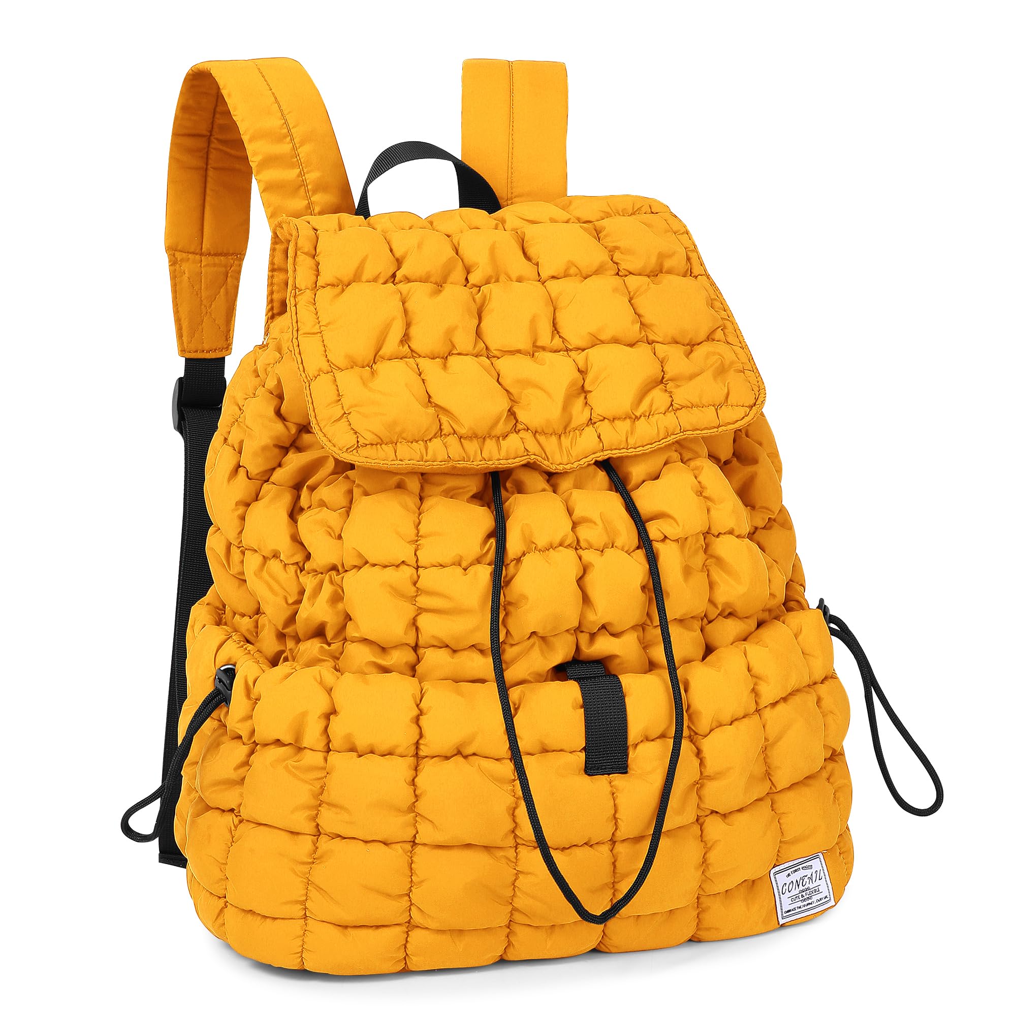 CONTAIL 18L 14 Inch Quilted Puffer Backpack for Women & Men, Waterproof Winter Drawstring Backpack with Top Flap - Yellow | Perfect for School, Travel, Hiking & Outdoor Activities