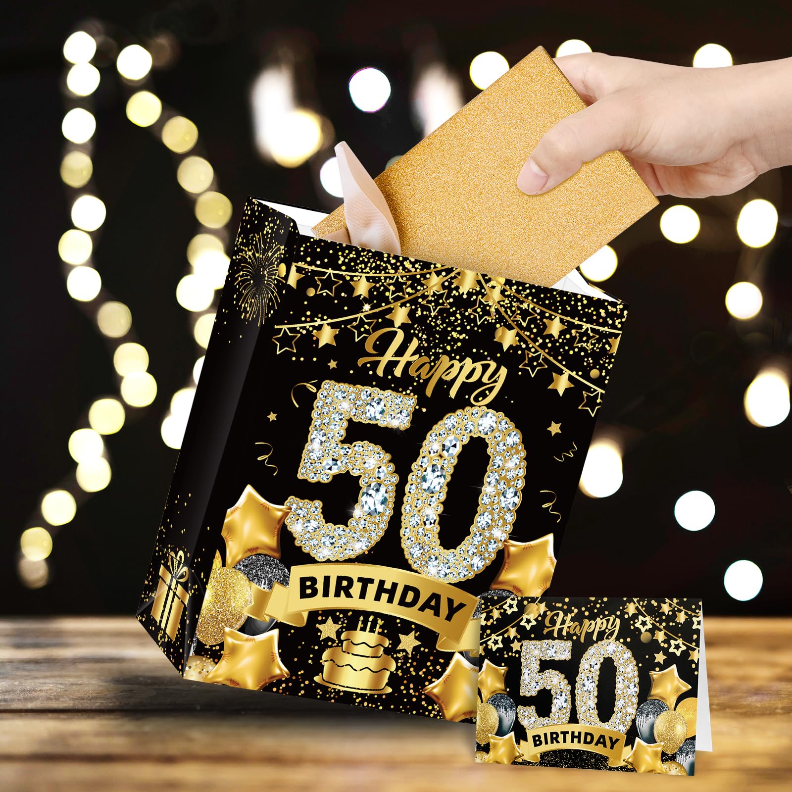 Premium Black & Gold 50th Birthday Gift Bags Set - Includes Tissue Paper & Greeting Card - Elegant Candy Wrapping Bags for Men & Women - Perfect for Christmas, Anniversary & Milestone Celebrations - Great for Party Favors, Candy Packaging & Special Occasion Gifts
