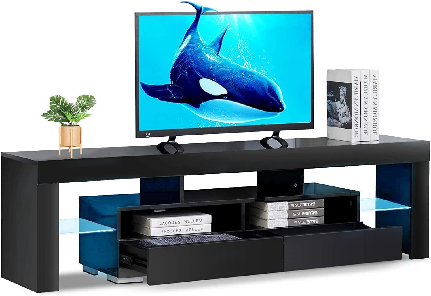 Bonzy Home 65 Inch LED TV Stand with 16-Color RGB Lighting & RF Remote - Modern Black Entertainment Center for Living Room & Bedroom | Perfect for Movie Nights & Gaming Setup