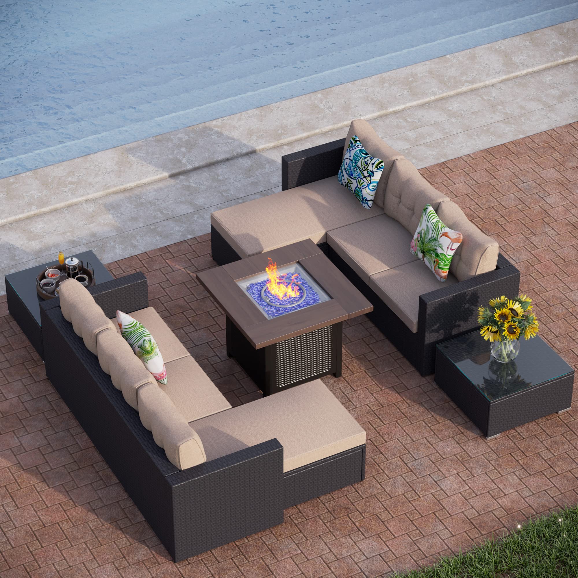 PHI VILLA 7-Piece Outdoor Patio Furniture Set with 50,000 BTU Gas Fire Pit - Wicker Sectional Sofa, Loveseat, Coffee Table & Non-Slip Cushions - Beige Patio Conversation Set for Backyard, Garden, Poolside & Deck Relaxation