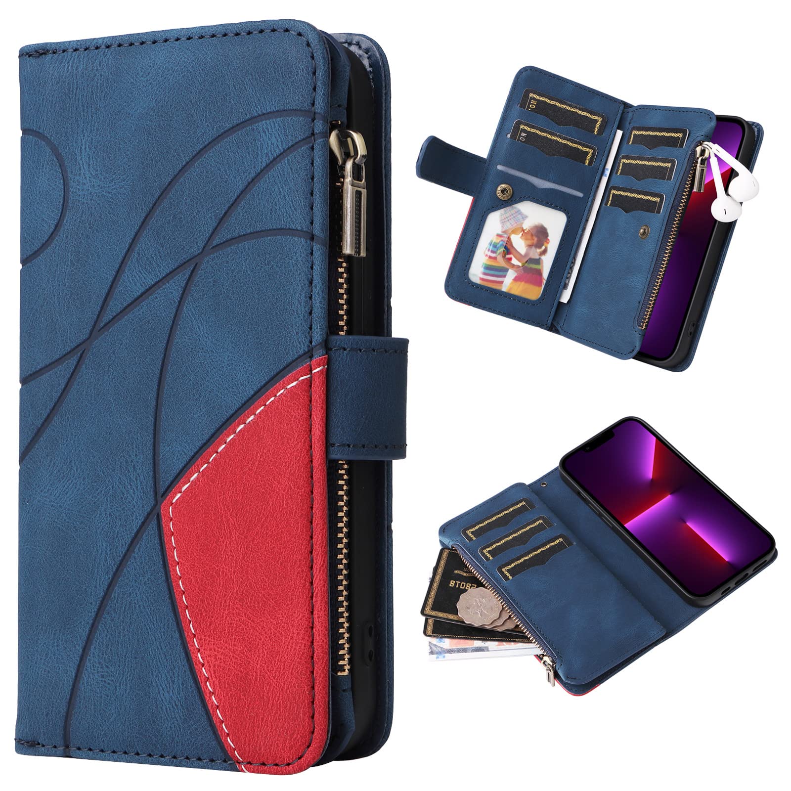 XYX PU Leather Flip Wallet Case for Xiaomi Poco X3 NFC - Zipper Purse with 9 Card Slots & Wrist Strap, Blue | Perfect for Business, Travel & Daily Use